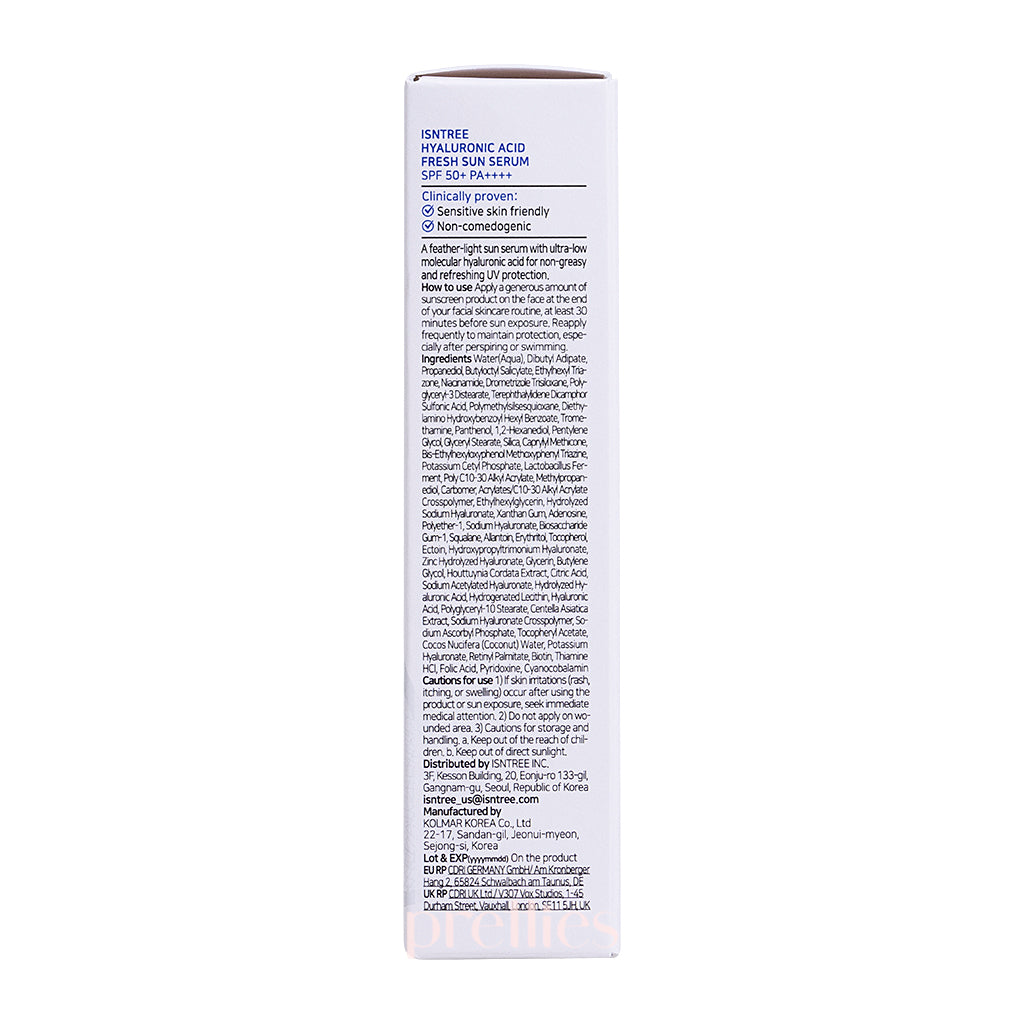ISNTREE Hyaluronic Acid Fresh Sun Serum SPF50+ PA++++ 50ml - Hydrating Sunscreen for Face, Lightweight & Non-Greasy, Perfect for Daily UV Protection & Skincare Routine