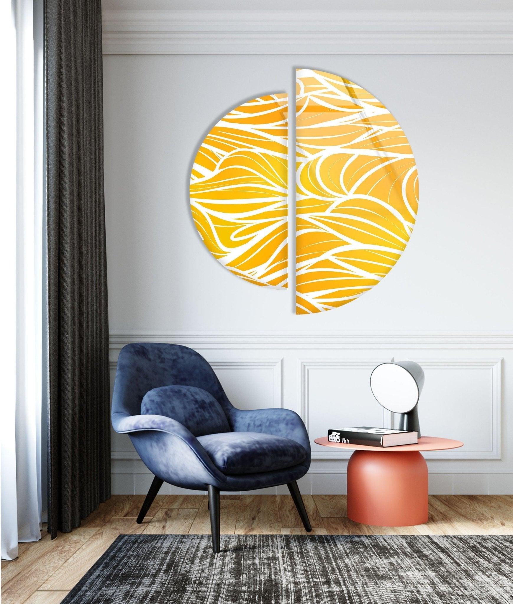 2 Piece Yellow & White Glass Wall Art Set - Modern Abstract Home Decor for Living Room, Bedroom & Office - Handmade Glass Wall Hangings for Stylish Interior Design