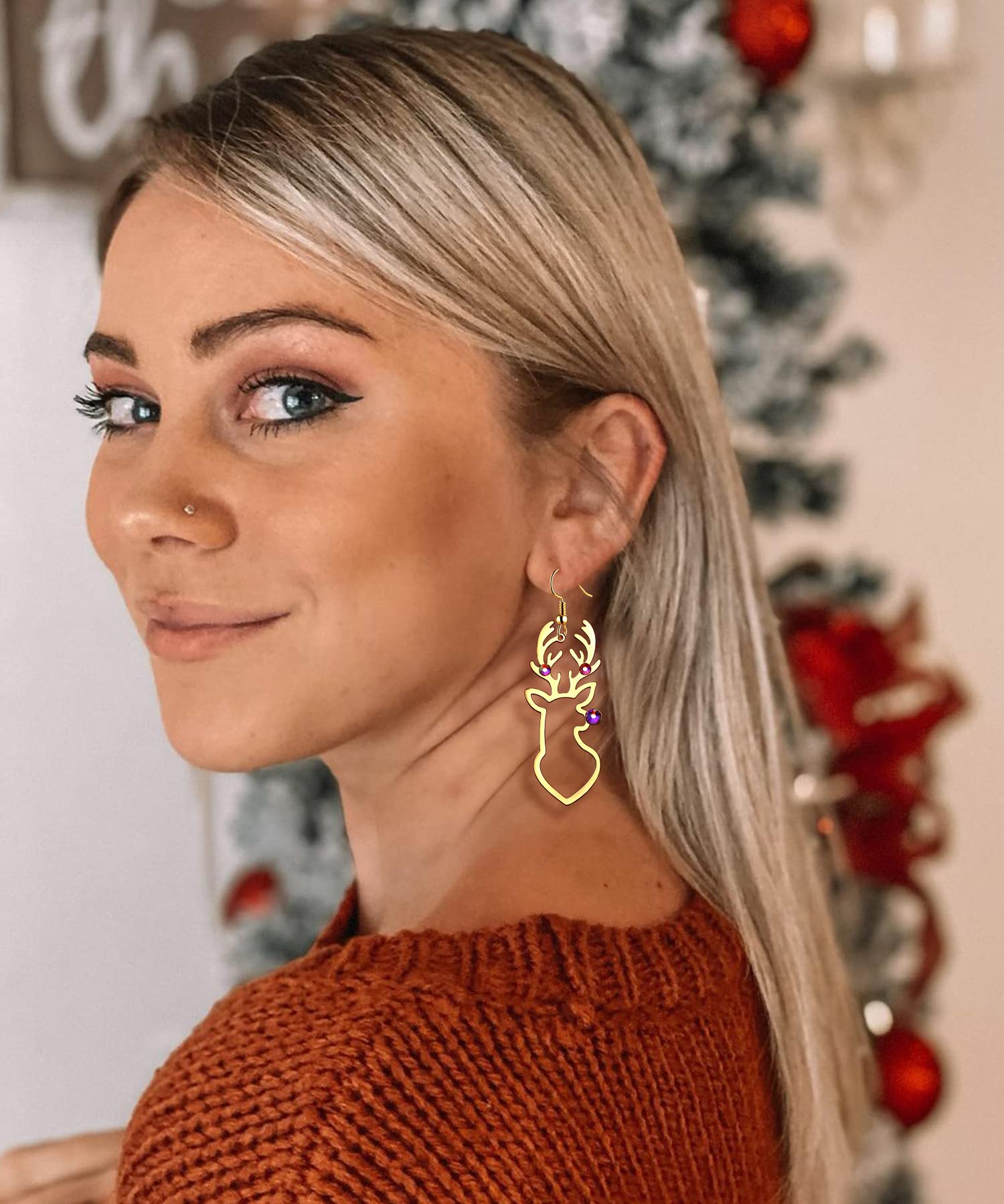 Festive Christmas Reindeer Earrings for Women - Rhinestone Drop Dangle Holiday Jewelry | Xmas Party Accessories & Gift Ideas