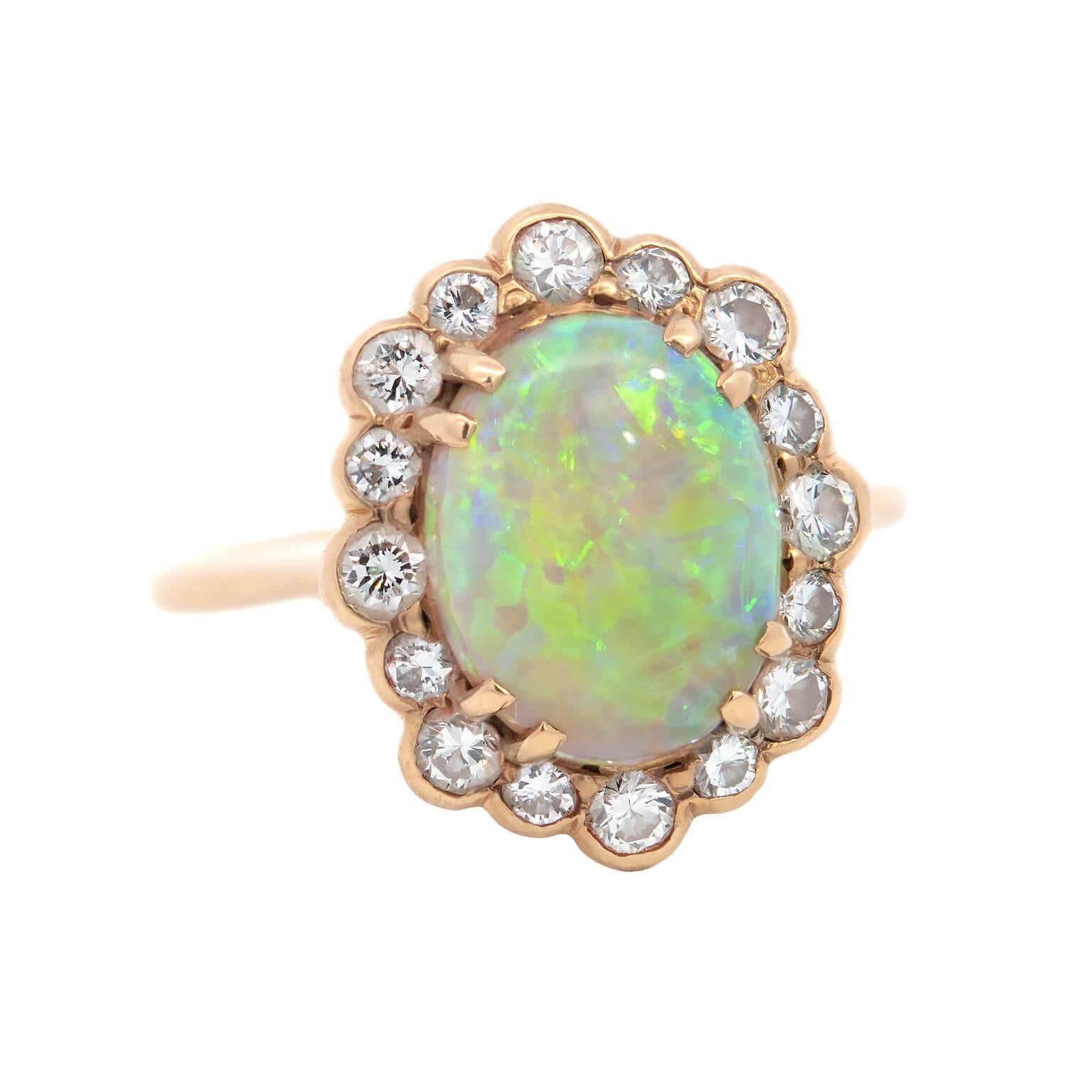 Vintage 18K Gold Opal and Diamond Halo Ring - Elegant Engagement, Wedding, Anniversary Jewelry Gift for Women