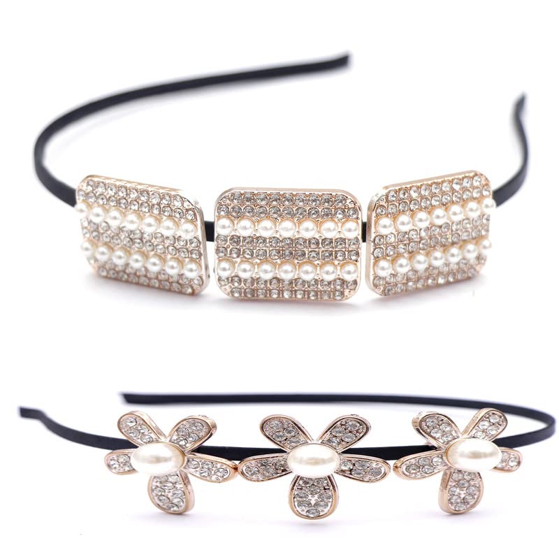 NAVMAV Shiny Pearl Crystal Rhinestone Hair Band Headband - Korean Style Hair Accessories for Women & Girls (2Pcs) - Perfect for Weddings, Parties & Everyday Wear
