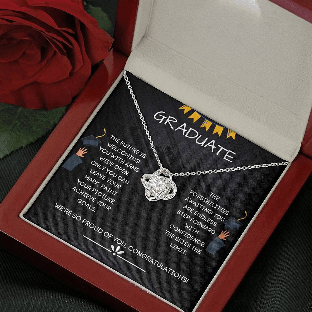 Tek Weh Graduate 2021 Love Knot Necklace - Inspirational Graduation Jewelry Gift for High School & College Seniors | Perfect Graduation Present, Senior Gift Idea for Women & Girls | Commencement, Achievement Celebration