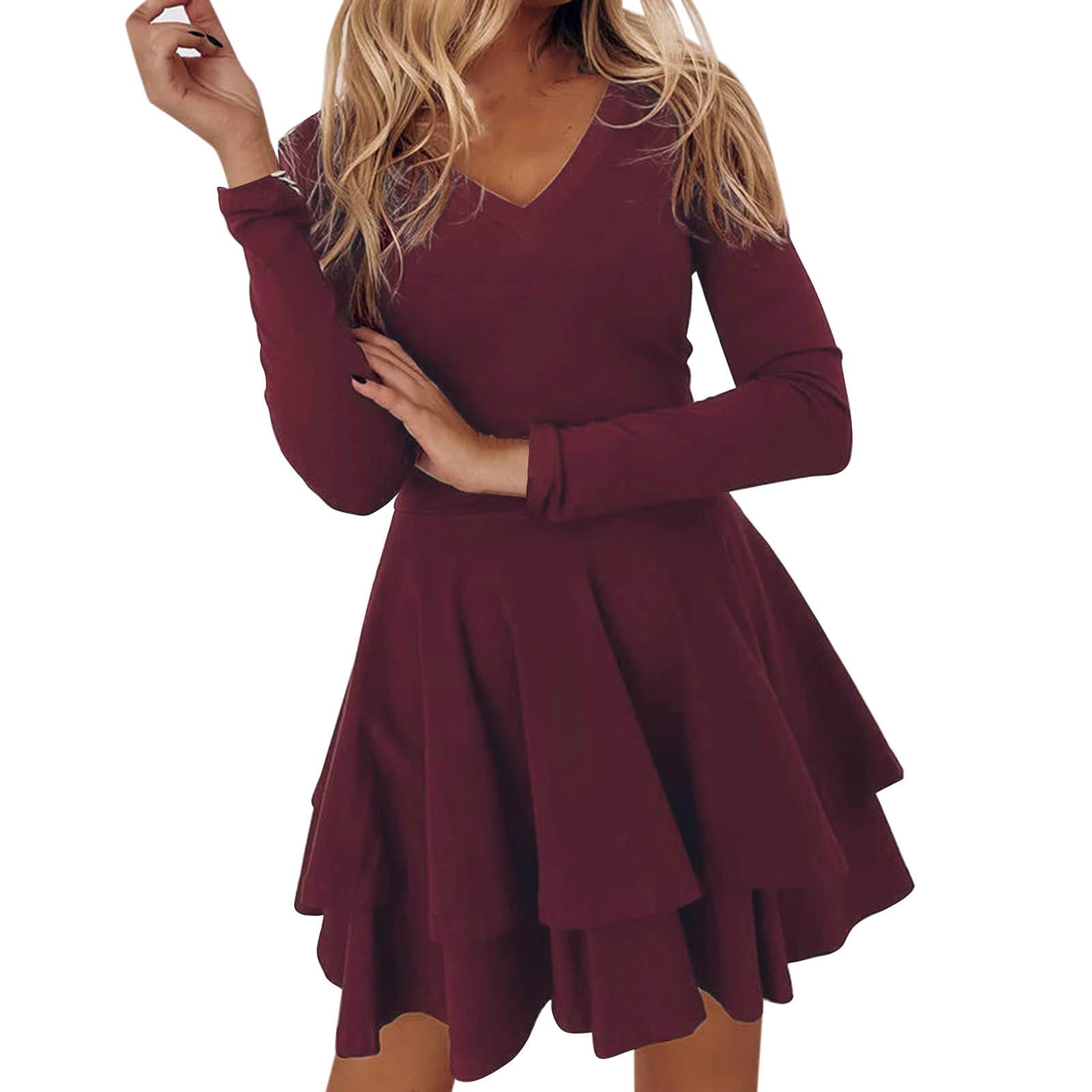 DGTVVR Women's Vintage 70s Long Sleeve Wrap Dress - Solid Color Casual Pullover Dress for Wedding Guest, Fall Fashion | Perfect for Parties, Office Wear & Autumn Outfits