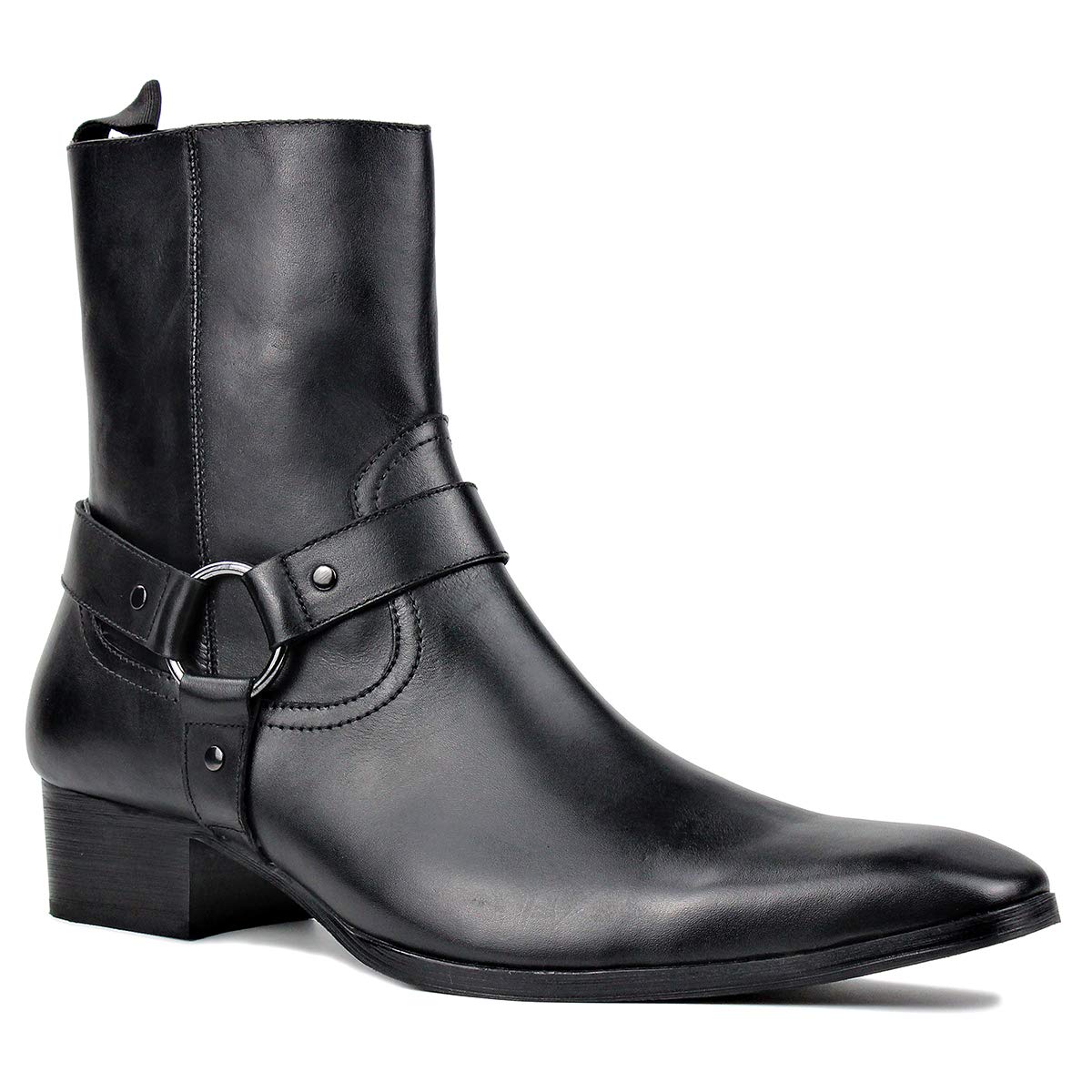 OSSTONE Men's Leather Chelsea Ankle Boots - Side Zipper Chukka Motorcycle Boots with Retro Heel - JY017-R - Perfect for Casual Wear, Motorcycle Riding & Dress Occasions