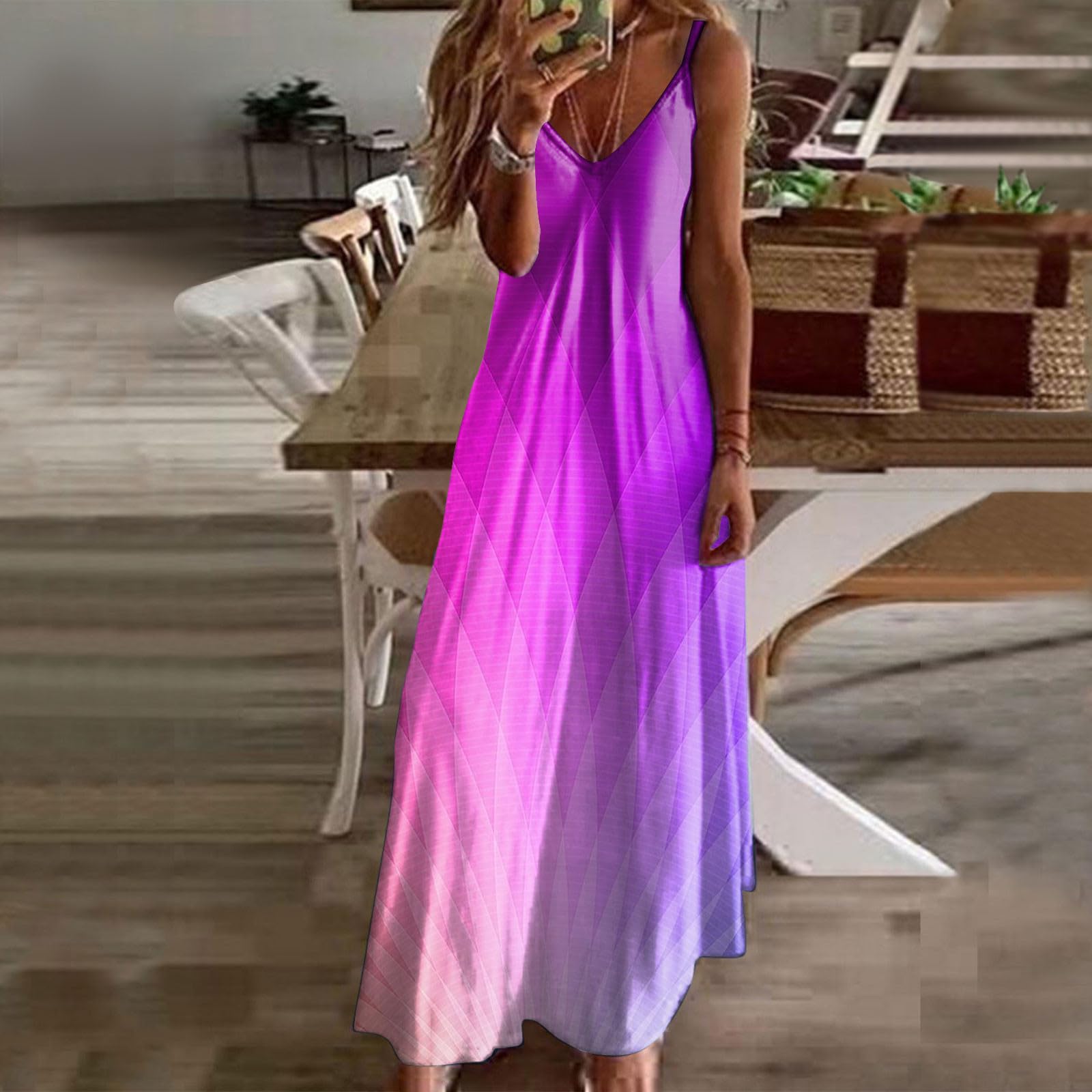 Eduavar Women's Summer Maxi Dress 2024 - Casual Gradient Print V-Neck Sleeveless Beach Sundress | Perfect for Vacations, Pool Parties & Summer Outings
