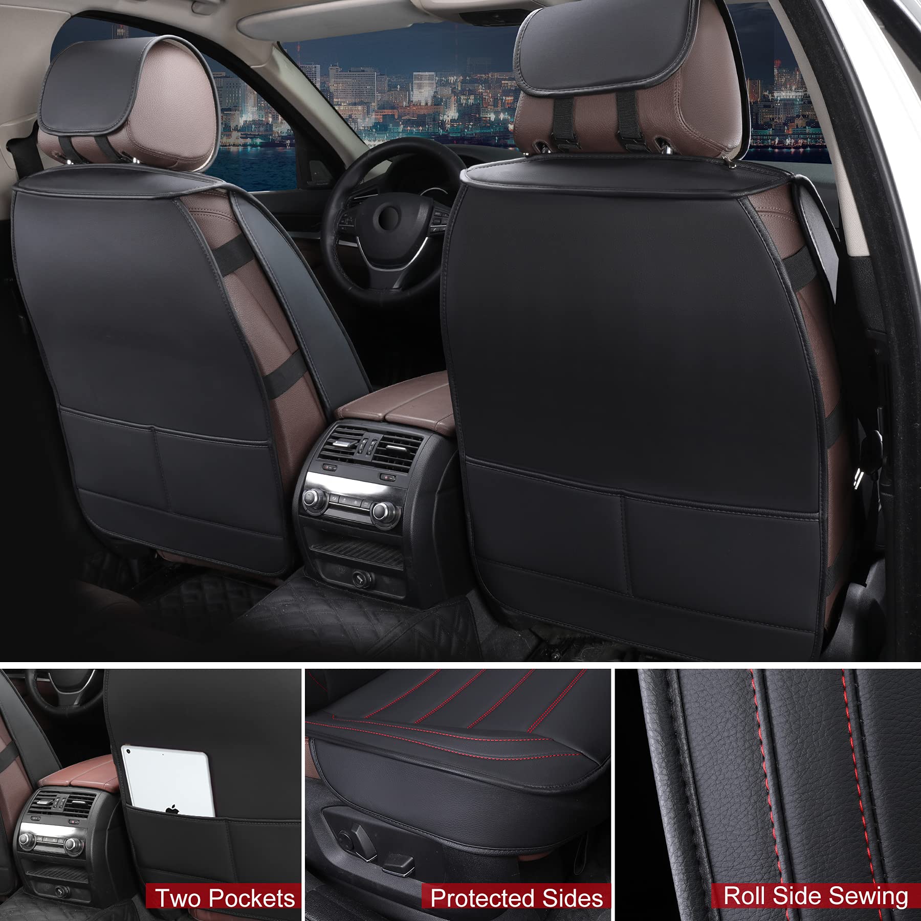 Premium Universal Leather Car Seat Covers Full Set - Waterproof Leatherette Auto Seat Protectors for SUV, Truck & Sedan | Black & Red | Perfect for Road Trips & Daily Commuting