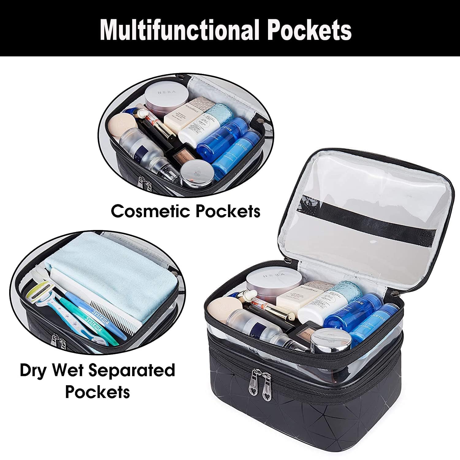 R RUNILEX Double Layer Large Clear Makeup Bag - Water-Resistant Travel Cosmetic Case & Toiletry Organizer for Women | Perfect for Camping, College, Gym & Daily Use (Black)