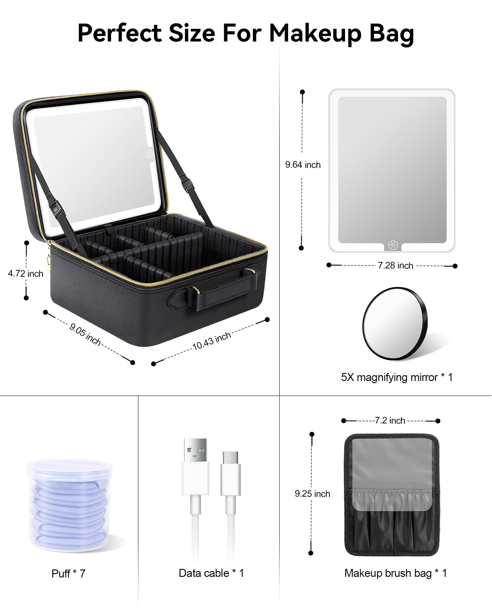 JUSRON LED Travel Makeup Bag with Mirror - Portable Organizer for Makeup Artists & Travel Use