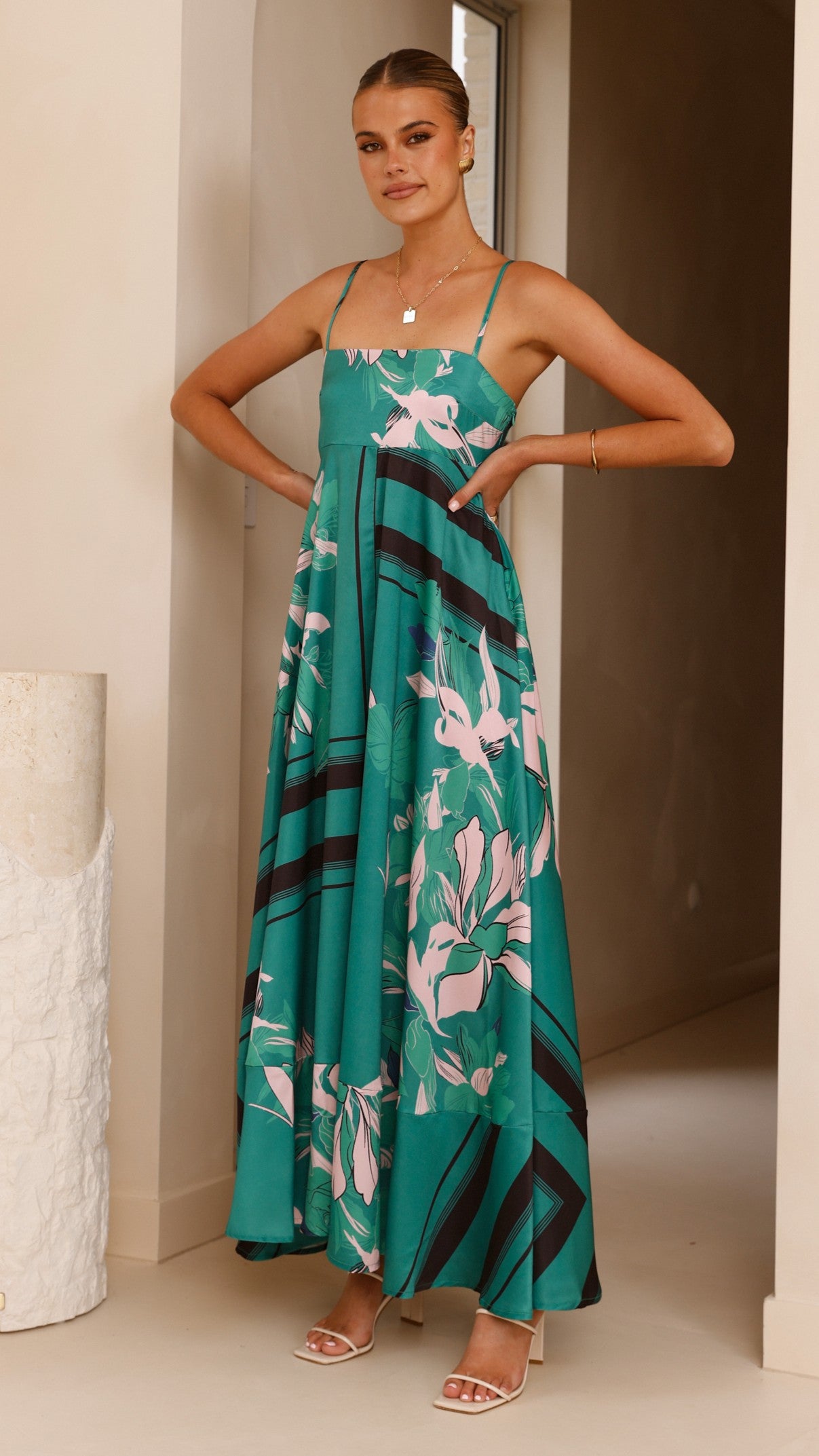 Kaethe Maxi Dress for Women - Flowy Green & Pink Summer Dress - Perfect for Beach Vacation, Date Night & Casual Outings