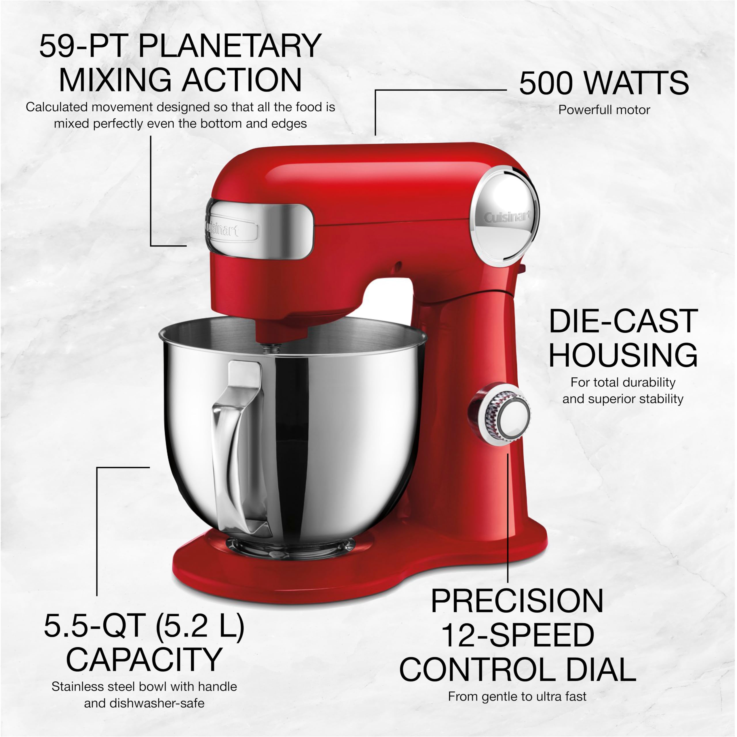 Cuisinart SM-50RC 5.5-Quart Stand Mixer with 12 Speeds & 500W Motor - Includes Bowl, Dough Hook, Whisk & Paddle - Perfect for Baking Bread, Cakes & Cookies - Red Tilt-Head Design for Home Bakers