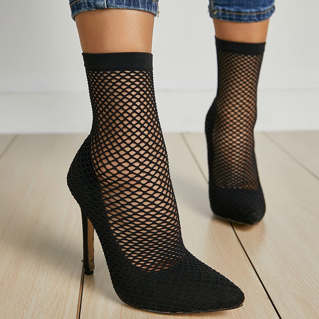 Meefit Women's Mesh Ankle Boots - Stiletto Heel Pointed Toe Perforated Sock Boots for Party, Club & Evening Wear | Comfortable High Heel Booties for Women