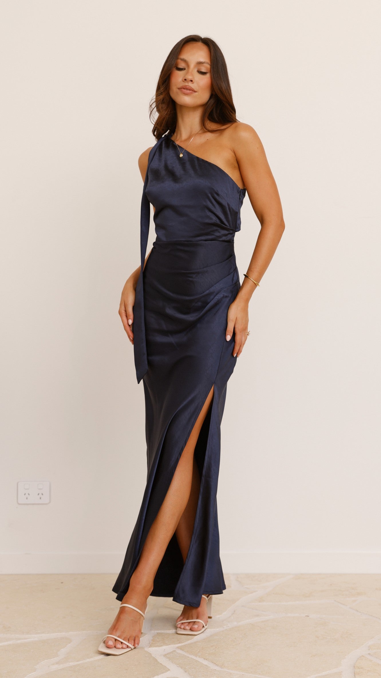 Elegant Halle One Shoulder Maxi Dress in Navy Blue - Perfect for Beach Weddings, Evening Parties & Summer Vacations