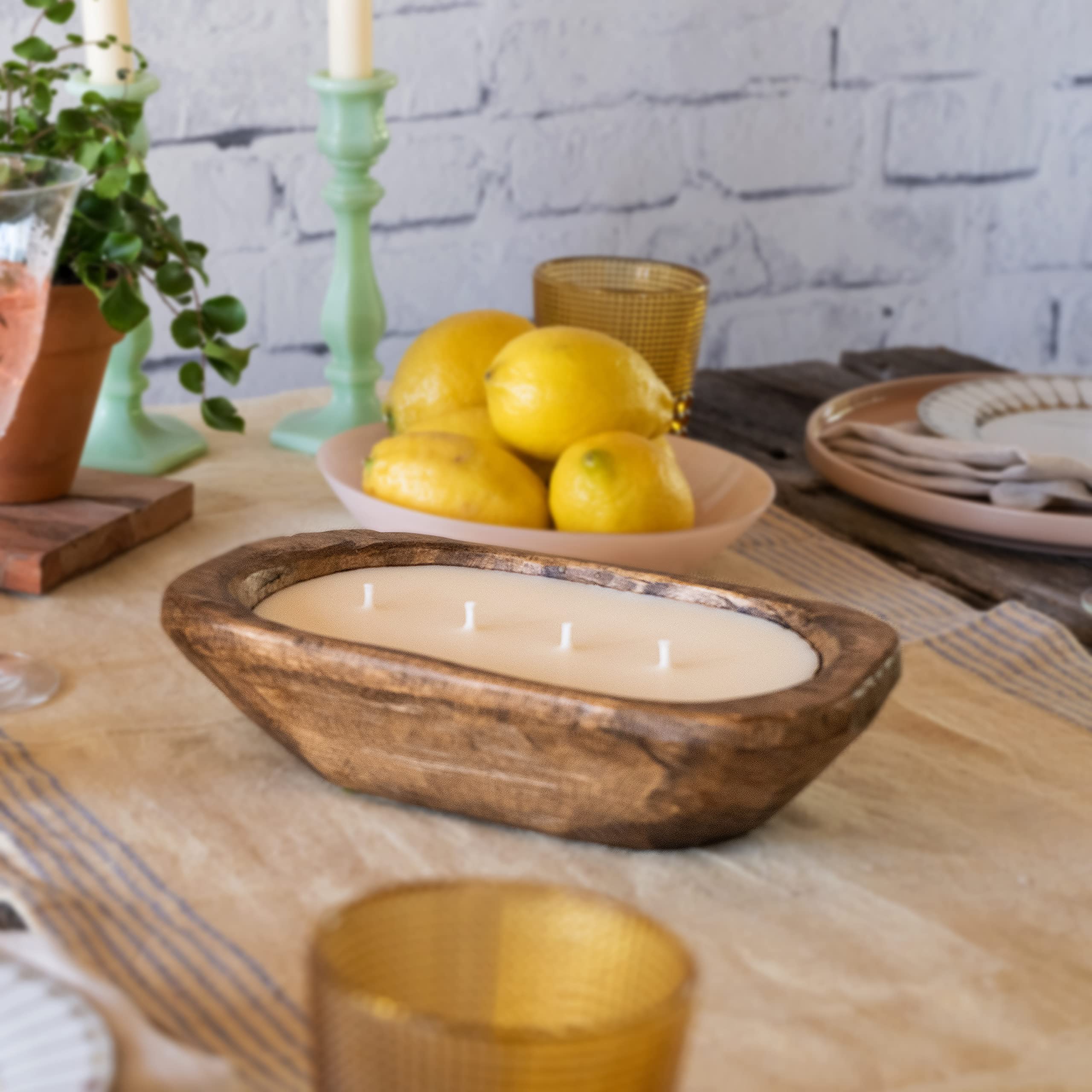 10 Inch Wooden Dough Bowl Soy Candle - Unscented Farmhouse Decor with 4 Wicks for Rustic Weddings, Holiday Centerpieces & Cozy Home Ambiance