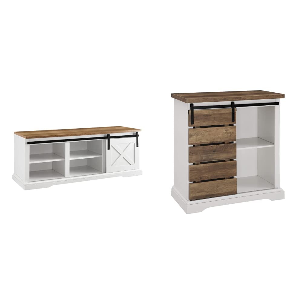Walker Edison Oliver 43 Inch Modern Farmhouse Sliding X Barn Door Cat Litter Box Bench with Entry Cutout - Stylish Pet Furniture for Small Spaces, Living Room or Bedroom