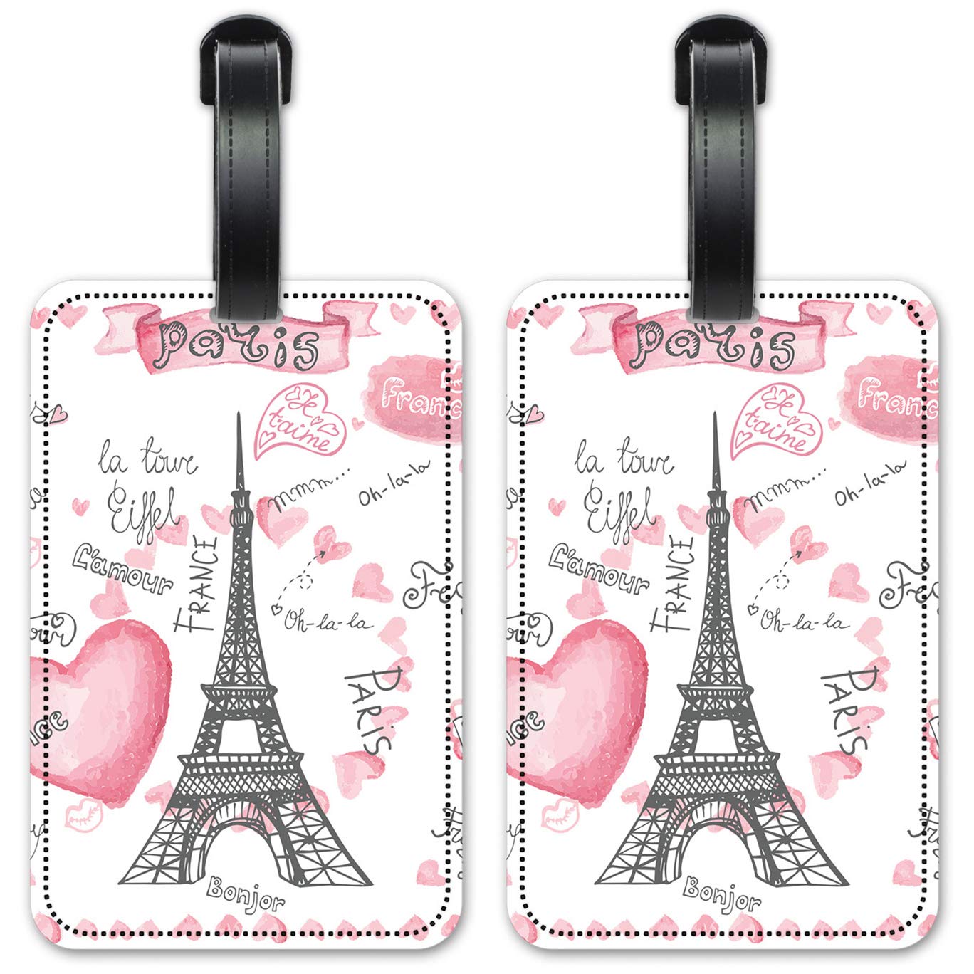 Paris France Luggage ID Tags - Waterproof Suitcase Identification Cards with Customizable Info - Set of 2 for Travel, Business Trips & Cruise Vacations