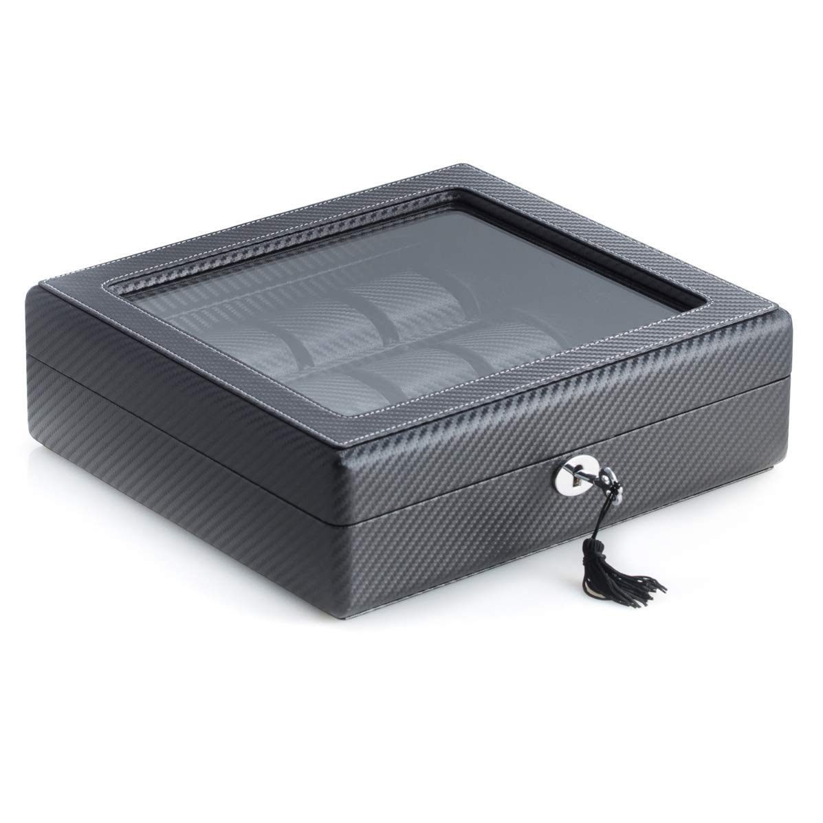 Bey-Berk BB595BLK Black Leatherette Watch Box with Glass Top - Adjustable Pillows for Large & Slim Wrist Watches, Secure Locking Clasp | Perfect for Watch Storage, Display & Travel Organization