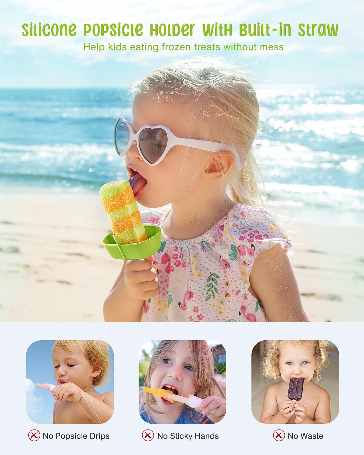 2 Pack No-Drip Silicone Popsicle Holders with Straws for Kids - MEETRUE Mess-Free Frozen Treat Catcher for Toddlers & Babies | Perfect for Summer Snacks, Ice Cream Parties, and Outdoor Picnics