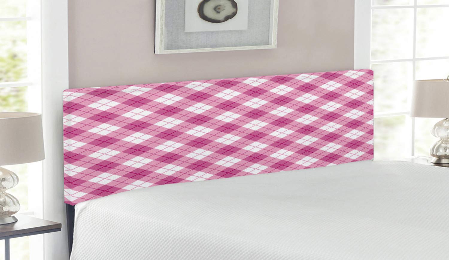 Ambesonne Abstract Upholstered Headboard - Geometric Diagonal Pastel Checked Design, Memory Foam Decorative Metal Bed Headboard for Girls, Queen Size in Fuchsia Pale Pink White - Perfect for Teen Bedrooms, Dorm Decor & Modern Bedroom Makeovers
