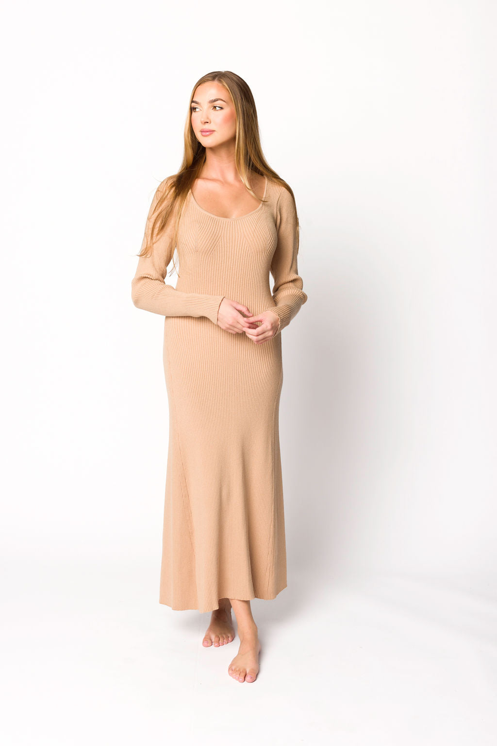 Alison Women's Knit Sweater Maxi Dress - Soft Long Sleeve Wrap Dress in Almond Beige | Perfect for Fall Winter, Date Night & Office Wear
