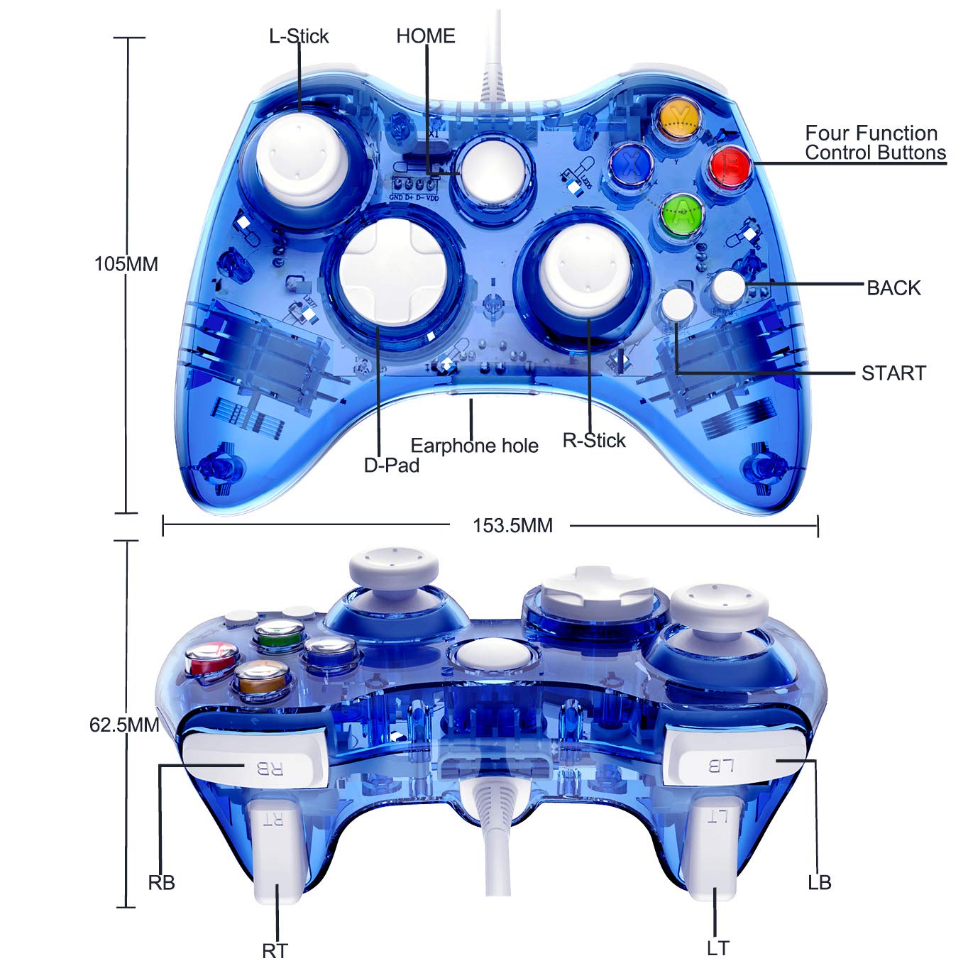 Upgraded Wired Xbox 360 Controller with LED - PC & Xbox 360 Compatible for Gaming (Blue)