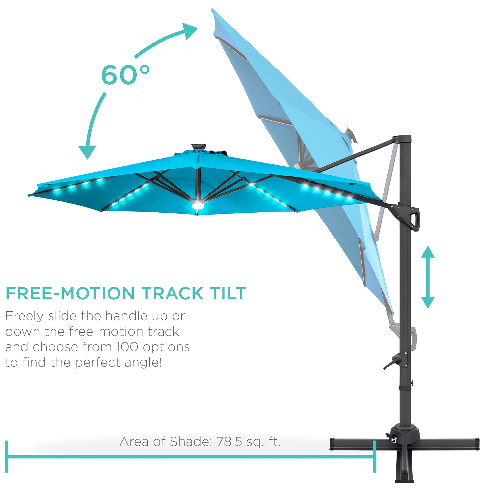 Best Choice Products 10ft Solar LED Cantilever Patio Umbrella with 360° Rotation - Outdoor Sun Shade for Backyard, Deck, Poolside with Built-in Lights & Easy Tilt - Perfect for Outdoor Dining, Lounging, and Entertaining