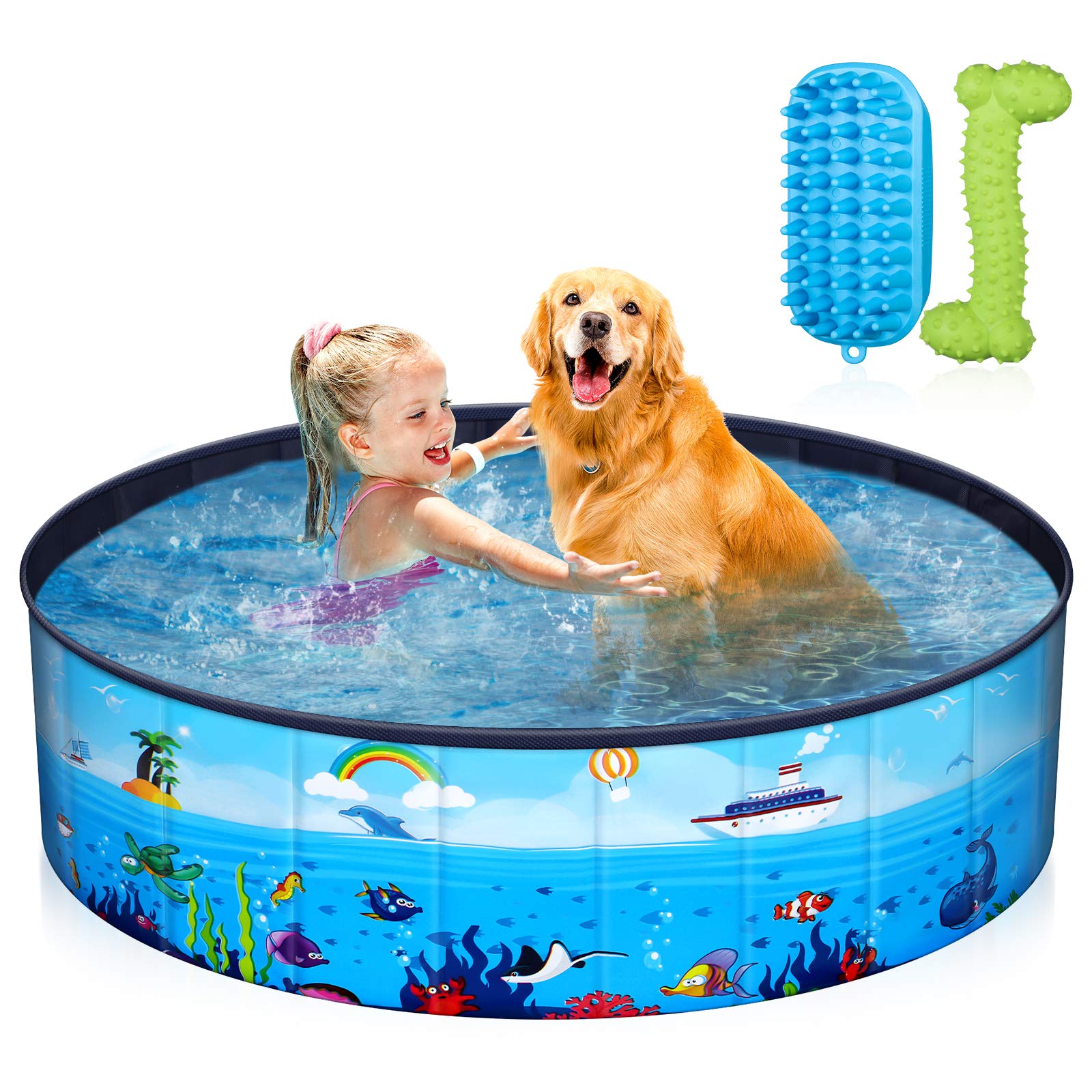 PRETYZOOM 160cm PVC Portable Folding Pet Swimming Pool - Indoor/Outdoor Dog & Cat Bathing Tub with Brush & Teether - Perfect for Backyard, Beach, and Home Pet Grooming