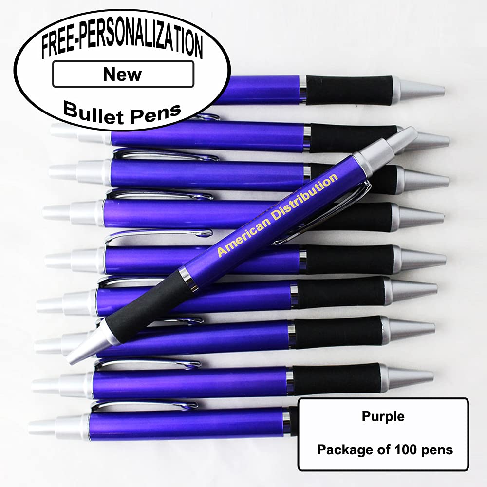 EZPENCILS & GIFTS - 100 Pack Bullet Ballpoint Pens with Free Personalization - Elegant Silver Tip & Click Accents on Solid Purple Body & Black Grip - Perfect for Office, School, Corporate Gifts & Promotional Events
