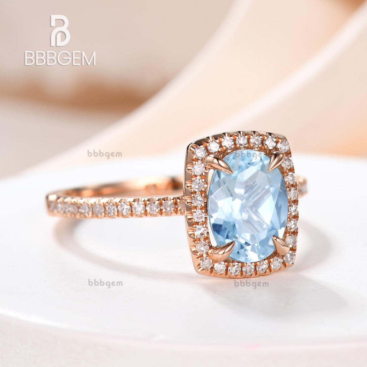 6x8mm Oval Aquamarine Engagement Ring - 14k Rose Gold Diamond Wedding Ring with Blue Gemstone Pave & Cushion Halo - Thin Elegant Design for Bridal, Anniversary & Proposal Gifts
