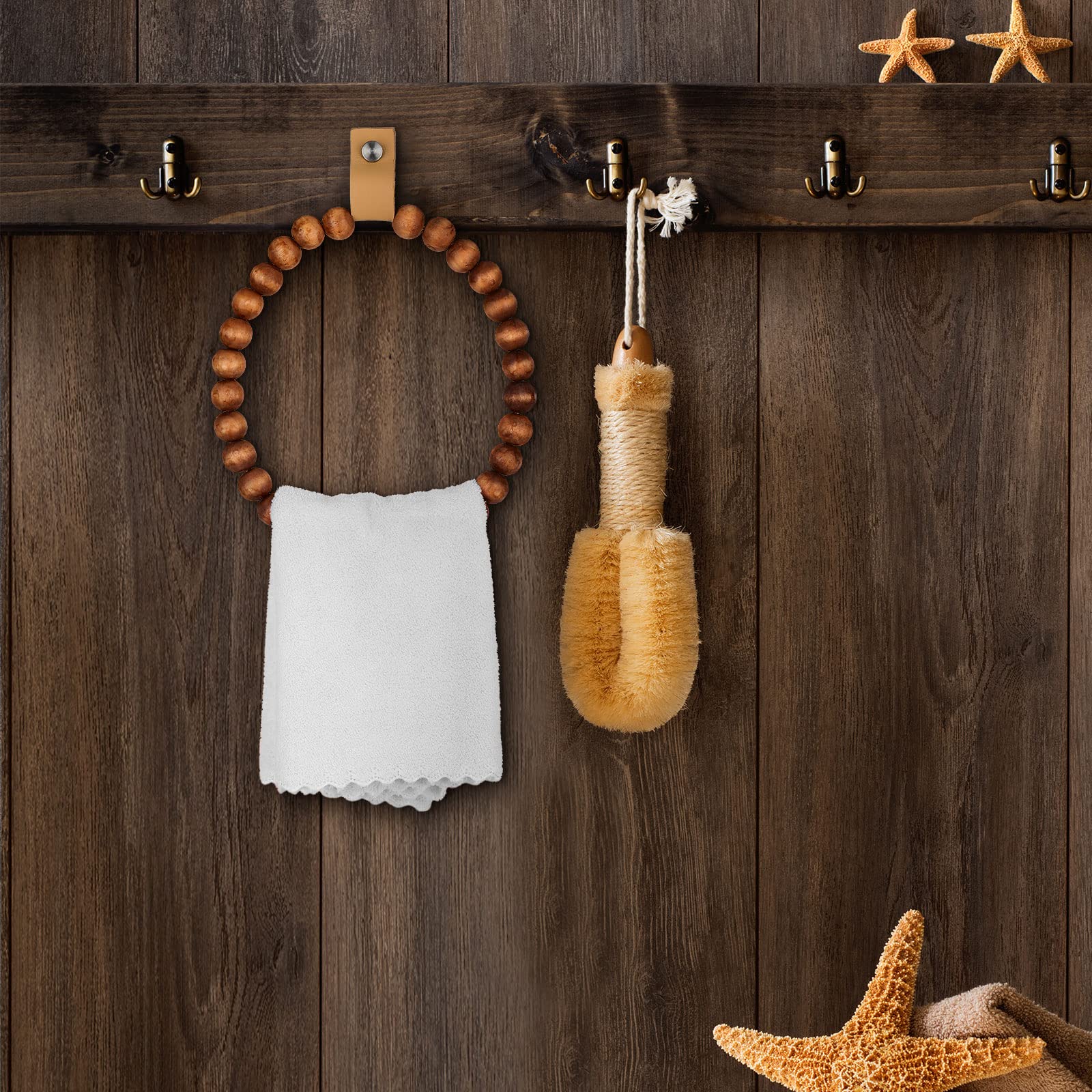 2 Pcs Handmade Boho Towel Rack - Wooden Beaded Round Wall Mounted Towel Ring Holder - Rustic Farmhouse Bathroom & Kitchen Decor - Perfect for Hanging Hand Towels in Bath, Powder Room or Country Style Kitchen