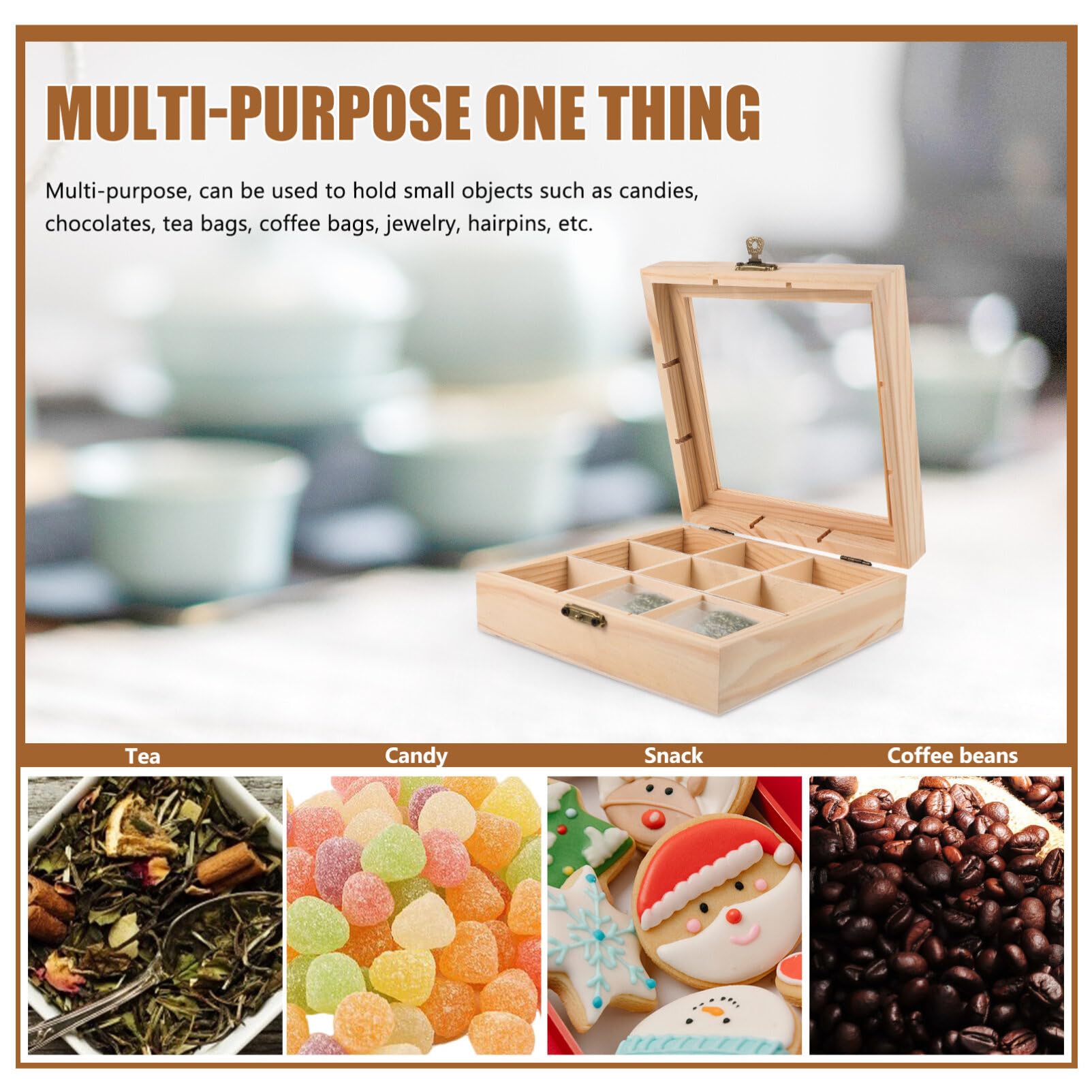 Ciieeo Wooden Tea Storage Organizer with Clear Acrylic Top Window - 9 Compartment Tea Box Organizer for Tea Bags & Accessories | Perfect for Kitchen Countertop, Pantry & Tea Station Organization