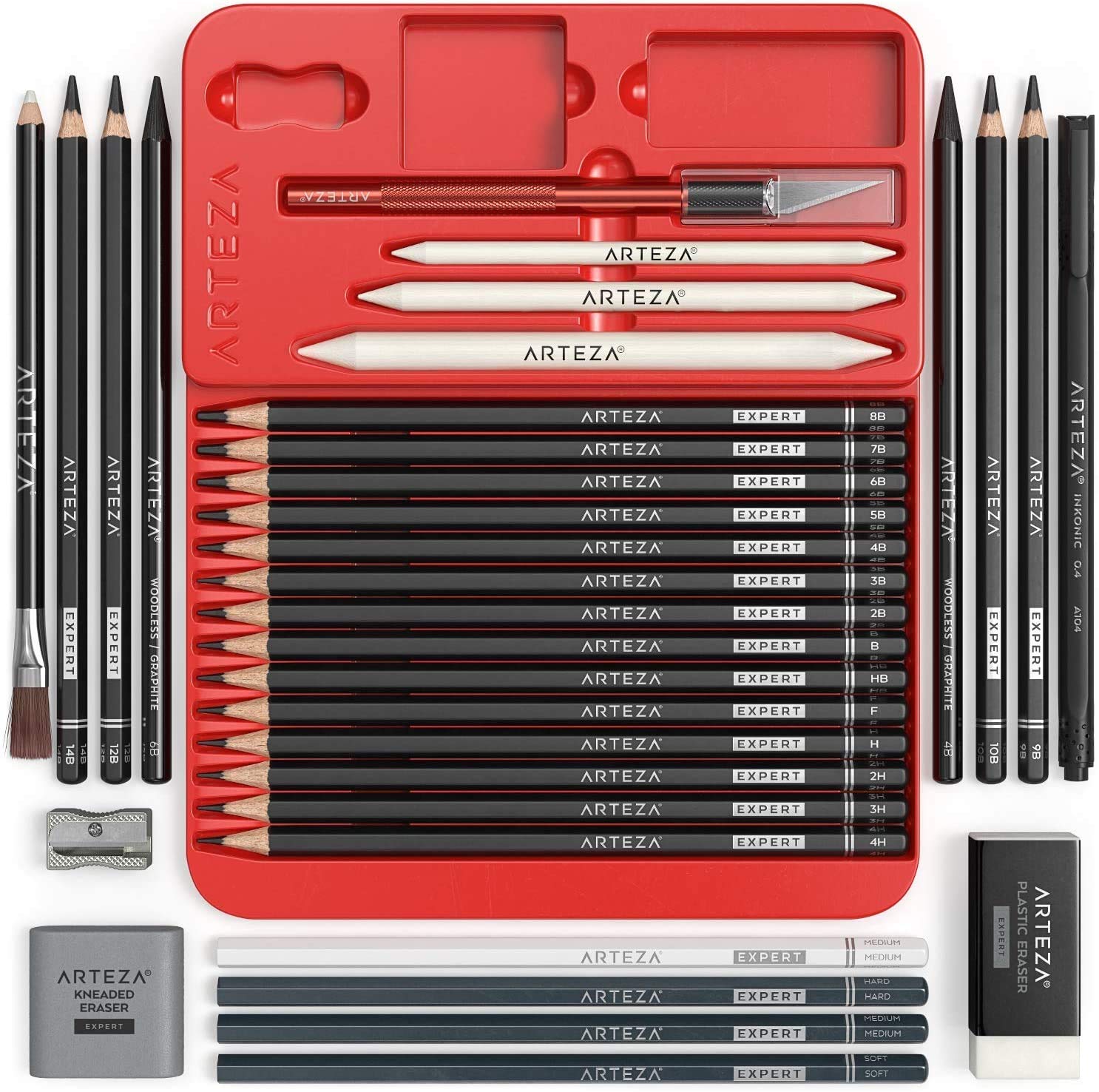 Arteza Professional 33-Piece Drawing Set for Adults - 20 Graphite & 4 Charcoal Pencils, Fineliner, 3 Blenders, Sharpener, Erasers & Hobby Knife - Perfect for Sketching, Shading, Blending & Detailed Artwork - Ideal for Artists, Beginners & Art Classes