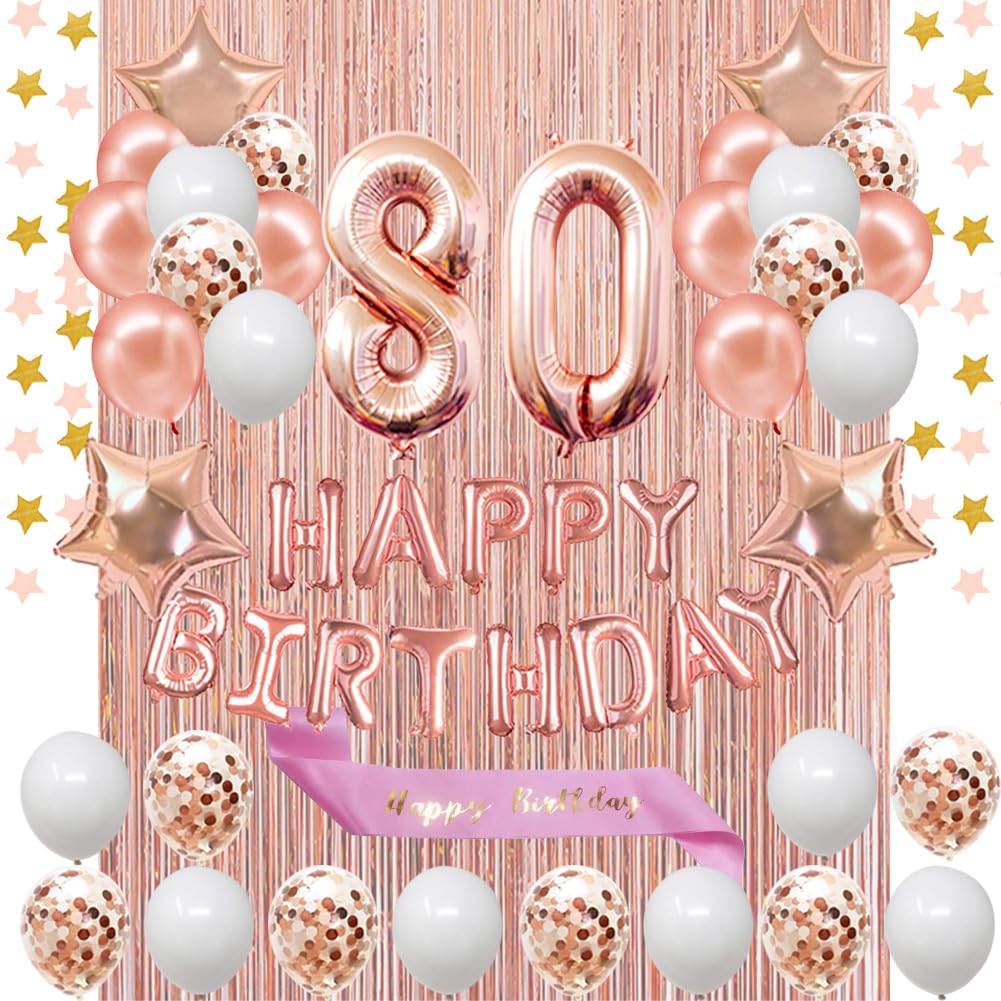 80th Birthday Party Decorations Set - Rose Gold Happy Birthday Banner, Sash & Number 80 Balloons for Women's Milestone Celebration | Latex Confetti Balloons, Perfect for Birthday Parties, Anniversaries & Retirement Events