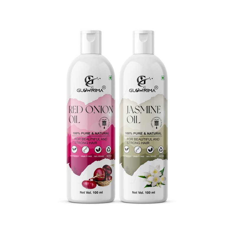 Glowrima 100% Pure Red Onion Oil & Jasmine Oil Combo (100ML Each) - Promotes Rapid Hair Growth, Reduces Hair Fall, Repairs Split Ends for Softer & Shinier Hair - Natural Hair Care Treatment for Men & Women - Perfect for Daily Scalp Massage & Deep Conditioning