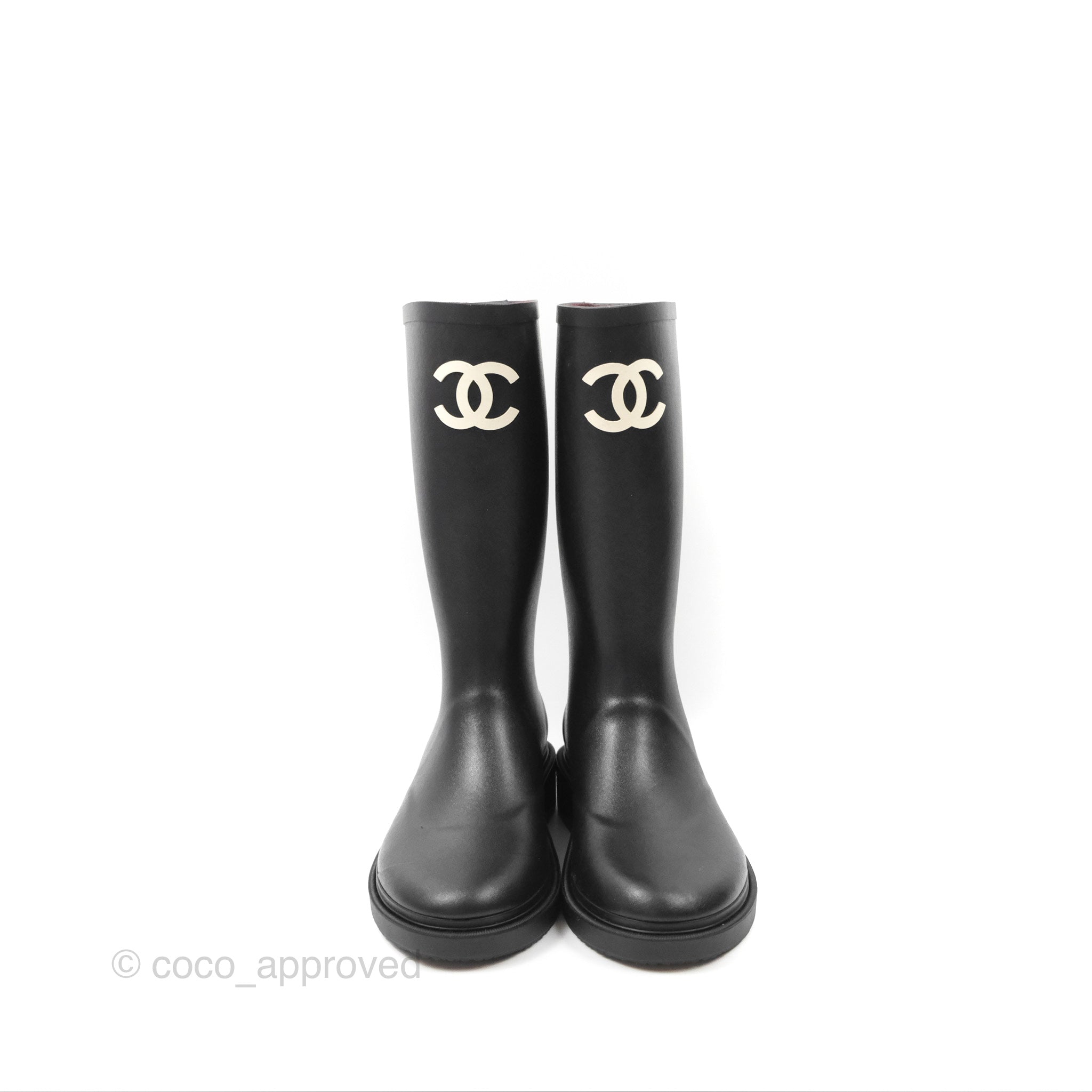 Chanel CC Logo Black Rubber Rain Boots Women's Size 37 - Waterproof Fashion Booties for Rainy Days & Outdoor Adventures