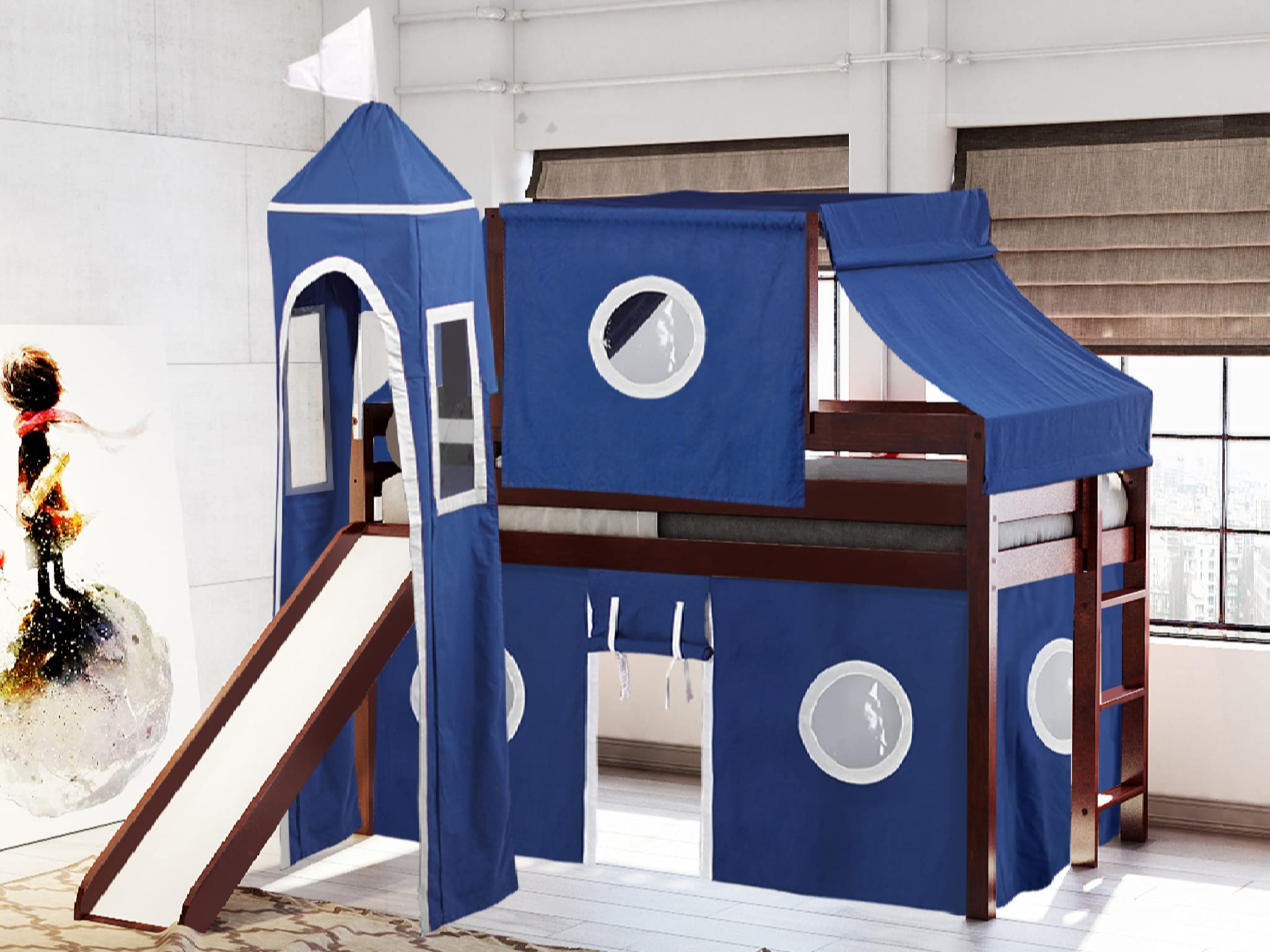 JACKPOT! Twin Size Castle Low Loft Bed with Slide - Blue & White Play Tent & Tower - Cherry Wood Finish - Perfect for Kids Bedroom & Playroom Adventures
