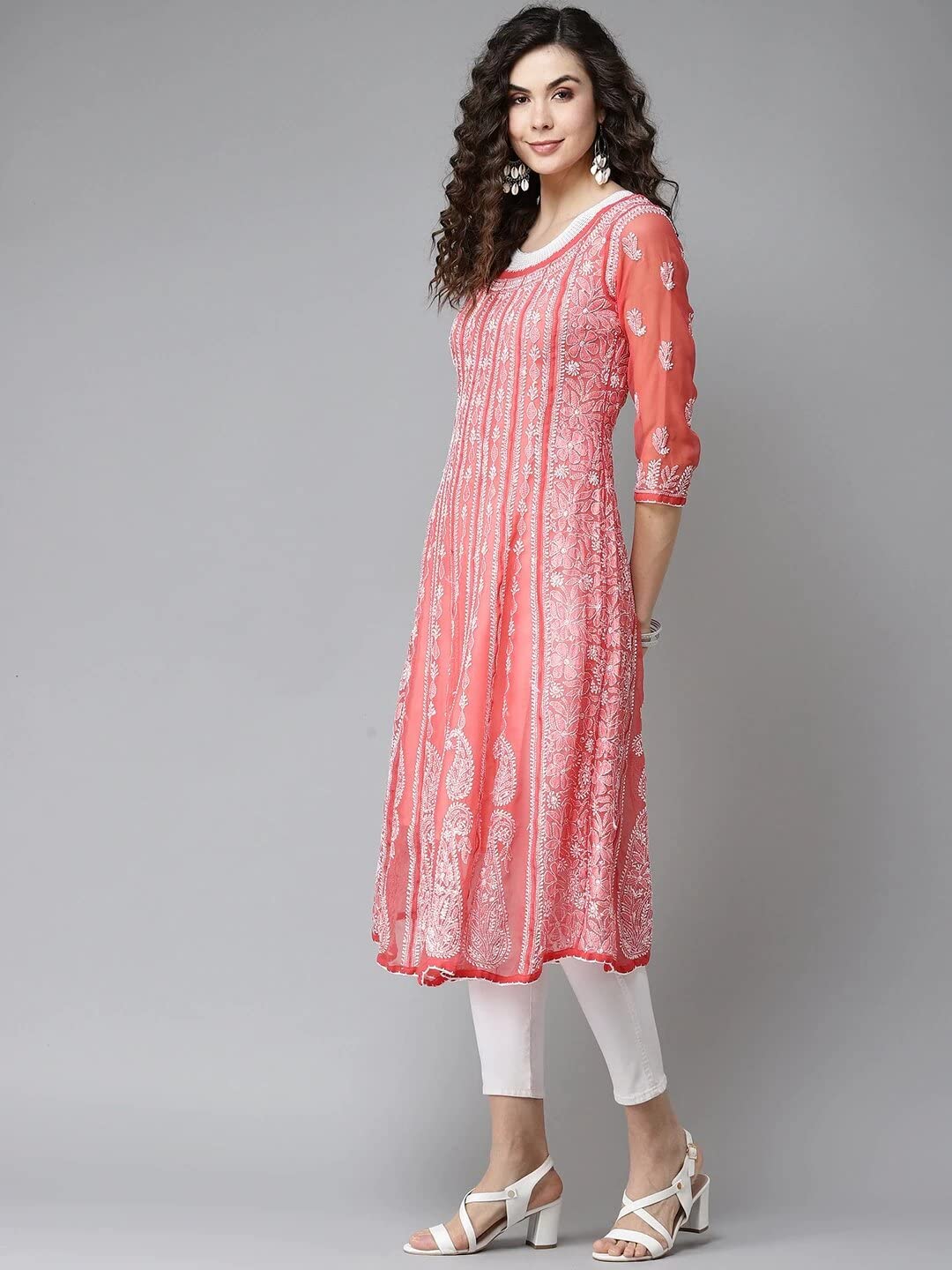 Hand Embroidered Indian Chikankari Traditional Georgette Anarkali Kurta Kurti for Women - Elegant Ethnic Wear for Festivals, Weddings & Special Occasions