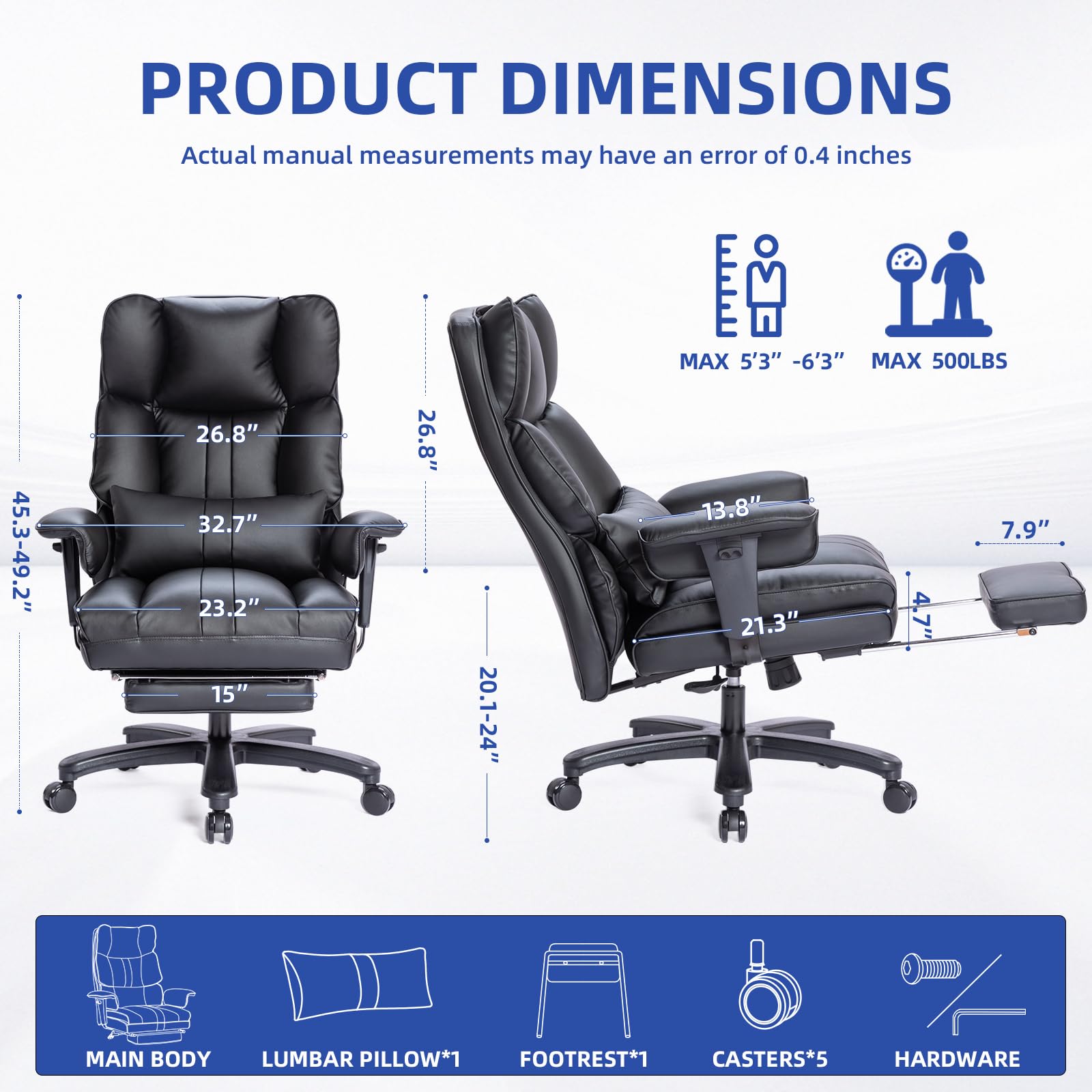 Big and Tall Office Chair for Heavy People – 500lbs Weight Capacity, Wide Seat Executive Desk Chair with High Back, Footrest & Ergonomic Lumbar Support – Premium Computer Task Chair for Home & Office (Black)