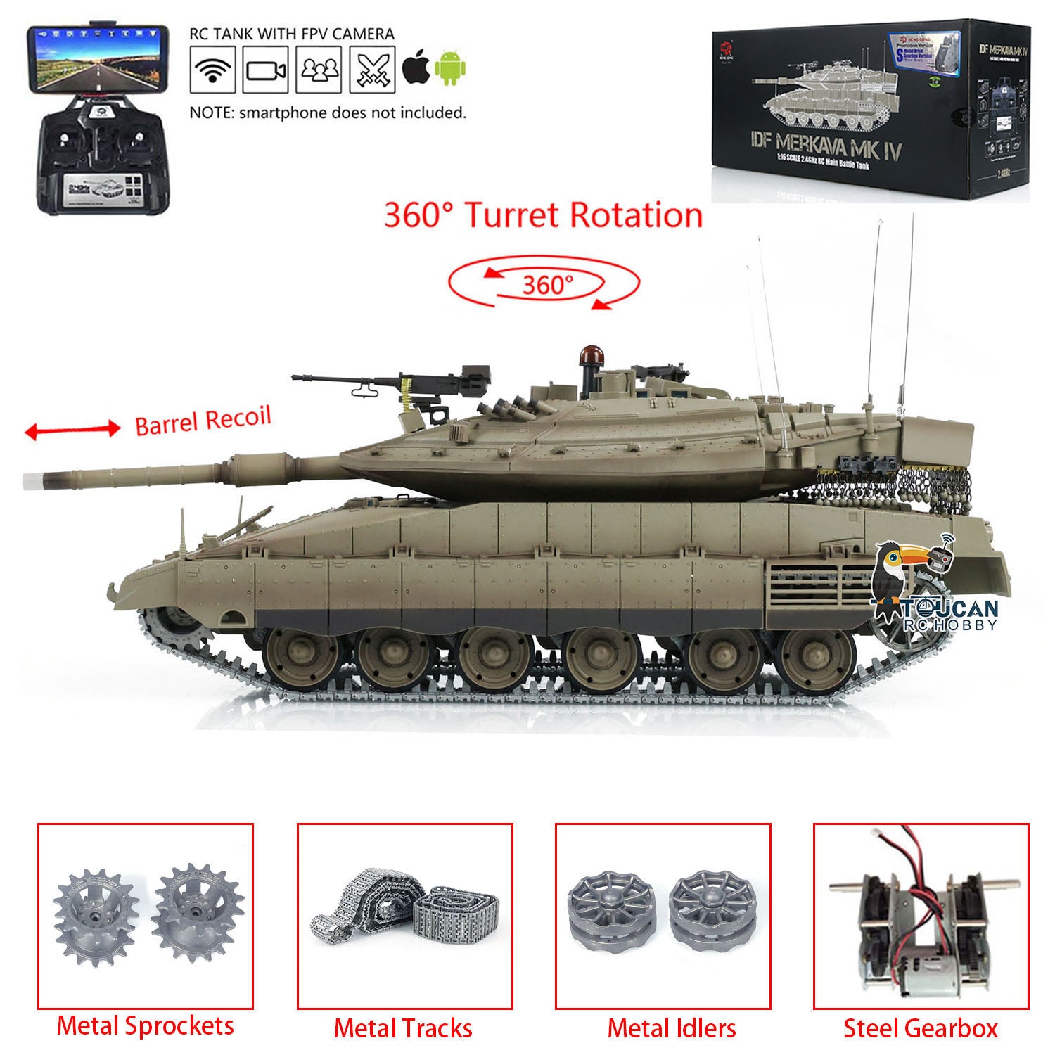 1:16 Heng Long 3958 RC Main Battle Tank IDF Merkava MK IV FPV Upgrade Edition with Metal Tracks, 360° Rotating Barrel & Recoil - Remote Control Military Tank Toy for Adults & Kids, Outdoor Battle Simulation & Collection Display
