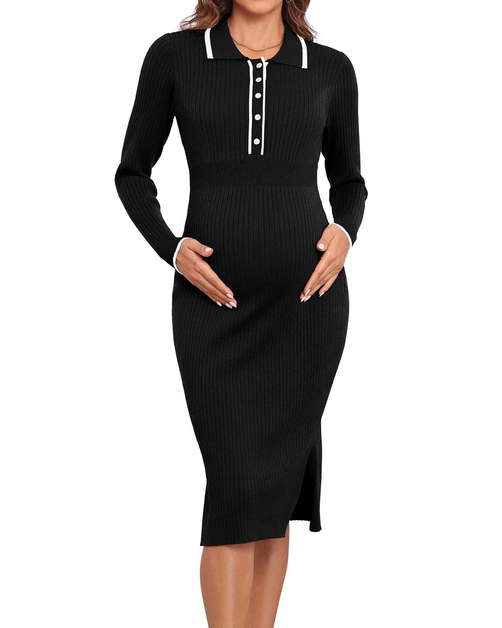 V FOR CITY Women's Maternity Sweater Dress - Spring Wrap V-Neck Pleated A-Line Waist with Belt for Pregnancy Photoshoot & Baby Shower - Comfortable Nursing Dress for Expecting Moms (Office, Date Night, Family Gathering)