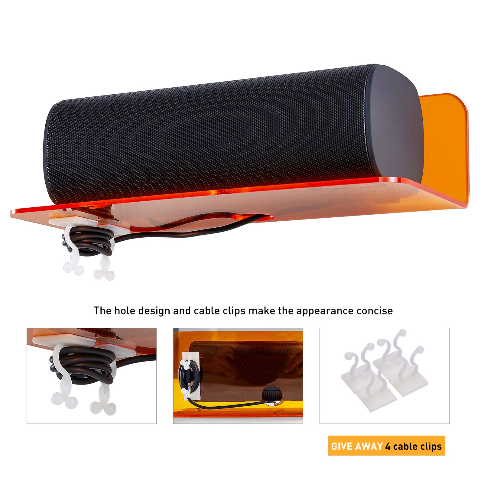 OAPRIRE Set of 2 Small Acrylic Floating Wall Shelves - 9 Inch Adhesive Display Shelf for Security Cameras, Smart Speakers, Action Figures - Includes Cable Clips - Clear Orange - Perfect for Home Office, Living Room, and Bedroom Organization