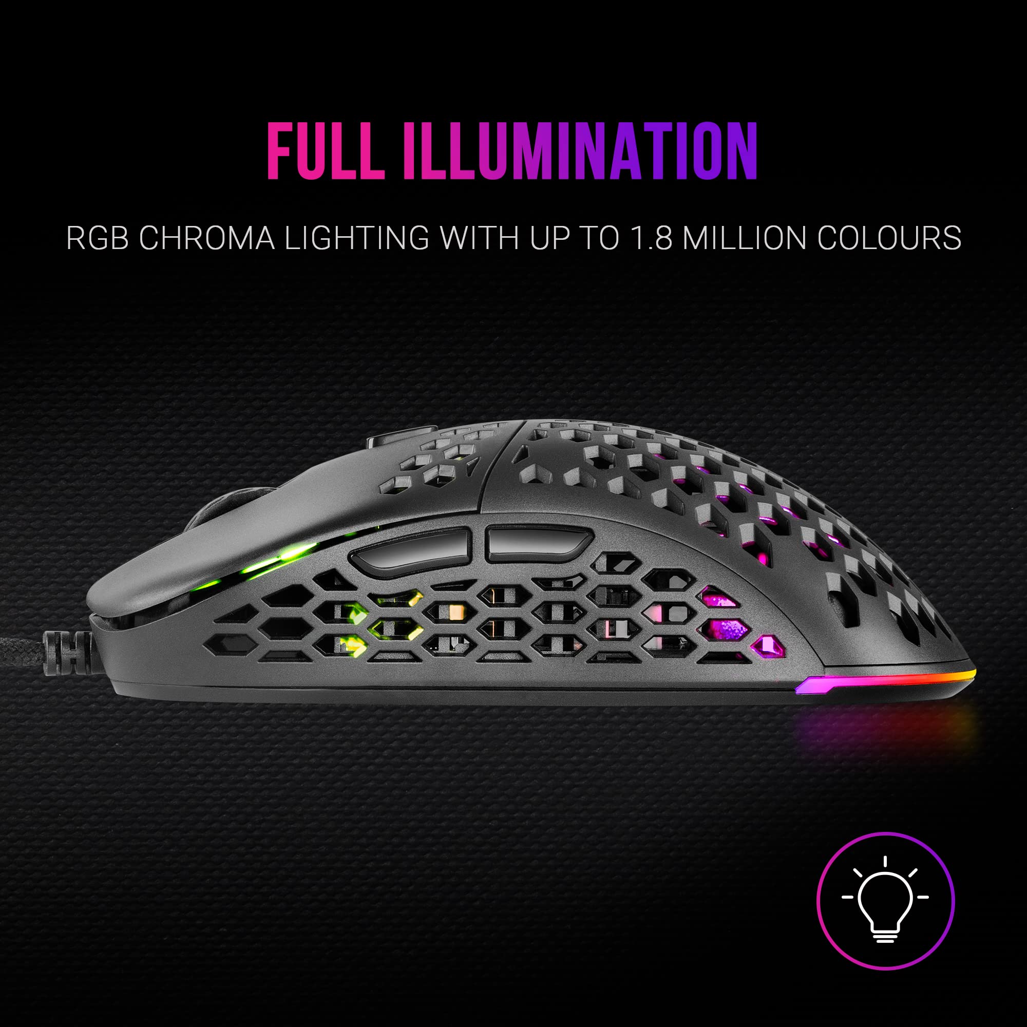Mars Gaming MM55 Black RGB Chroma Gaming Mouse - Ultra Lightweight 55g, 12800 DPI, Huano Mechanical Switches - Perfect for FPS, MOBA & Esports Gaming