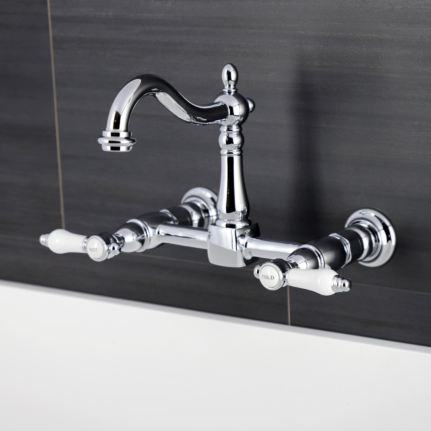 Bel Air KS1261BPL Double Handle 2 Hole Wall Mount Bridge Kitchen Faucet in Polished Chrome - Perfect for Modern Farmhouse, Commercial, and Restaurant Sink Installations