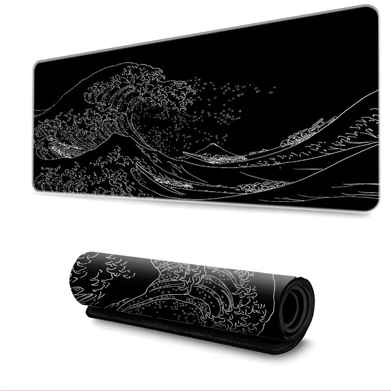 Japanese Sea Wave Anime Gaming Mouse Pad - Large Extended Kanagawa Design Desk Mat, 31.5x11.8 Inch, 2mm Thick with Non-Slip Rubber Base (Black) - Perfect for PC Gaming, Office Work & Home Decor