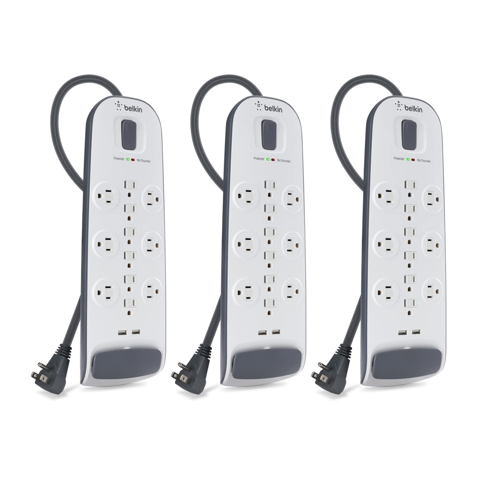 Belkin 12-Outlet Surge Protector with USB Ports, 6ft Flat Plug Power Strip (3996 Joules) - 3 Pack for Home Office, Entertainment Center & Electronics Protection - White