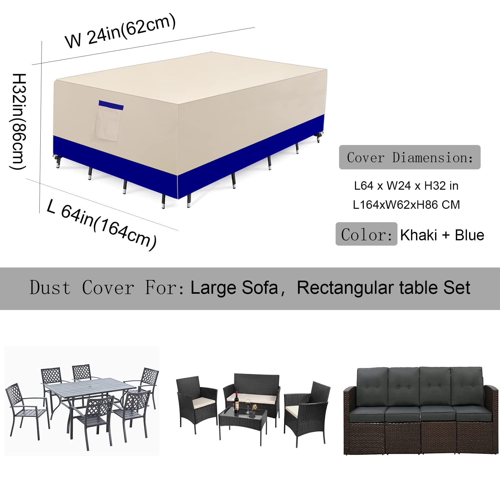 Waterproof Outdoor Furniture Cover 64in - Durable Patio Furniture Protector for Garden Sofa, Dining Table Set, Chairs | Padded Handles & Dual Buckles | Perfect for Backyard, Deck, Poolside (Cover Only)