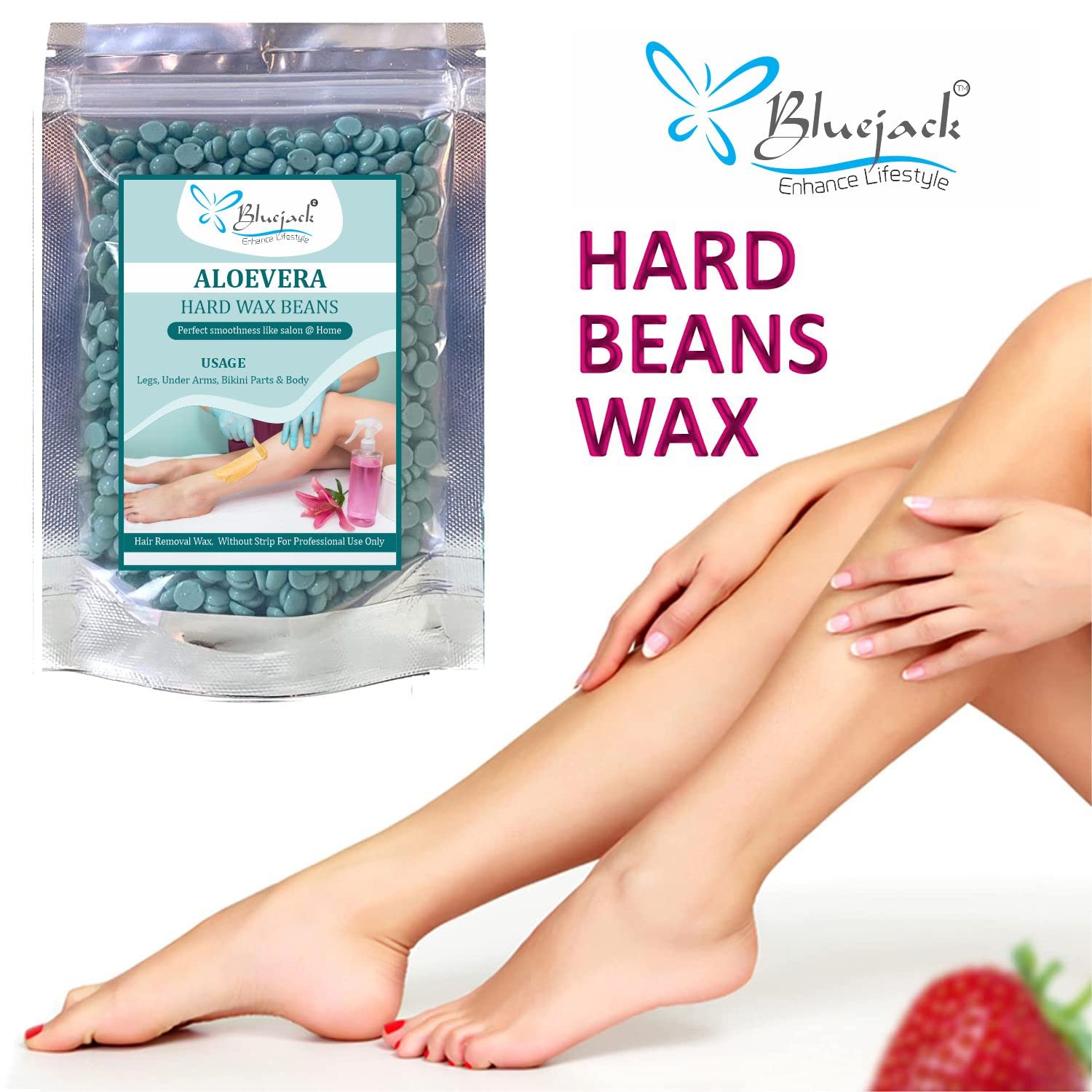 Bluejack Hard Wax Beans for Painless Hair Removal - 100g Bag with 3 Wax Spatulas (Aloe Vera Green) | Brazilian Waxing for Face, Eyebrows, Back, Chest, Bikini & Legs | At-Home Hair Removal Kit for Smooth Skin