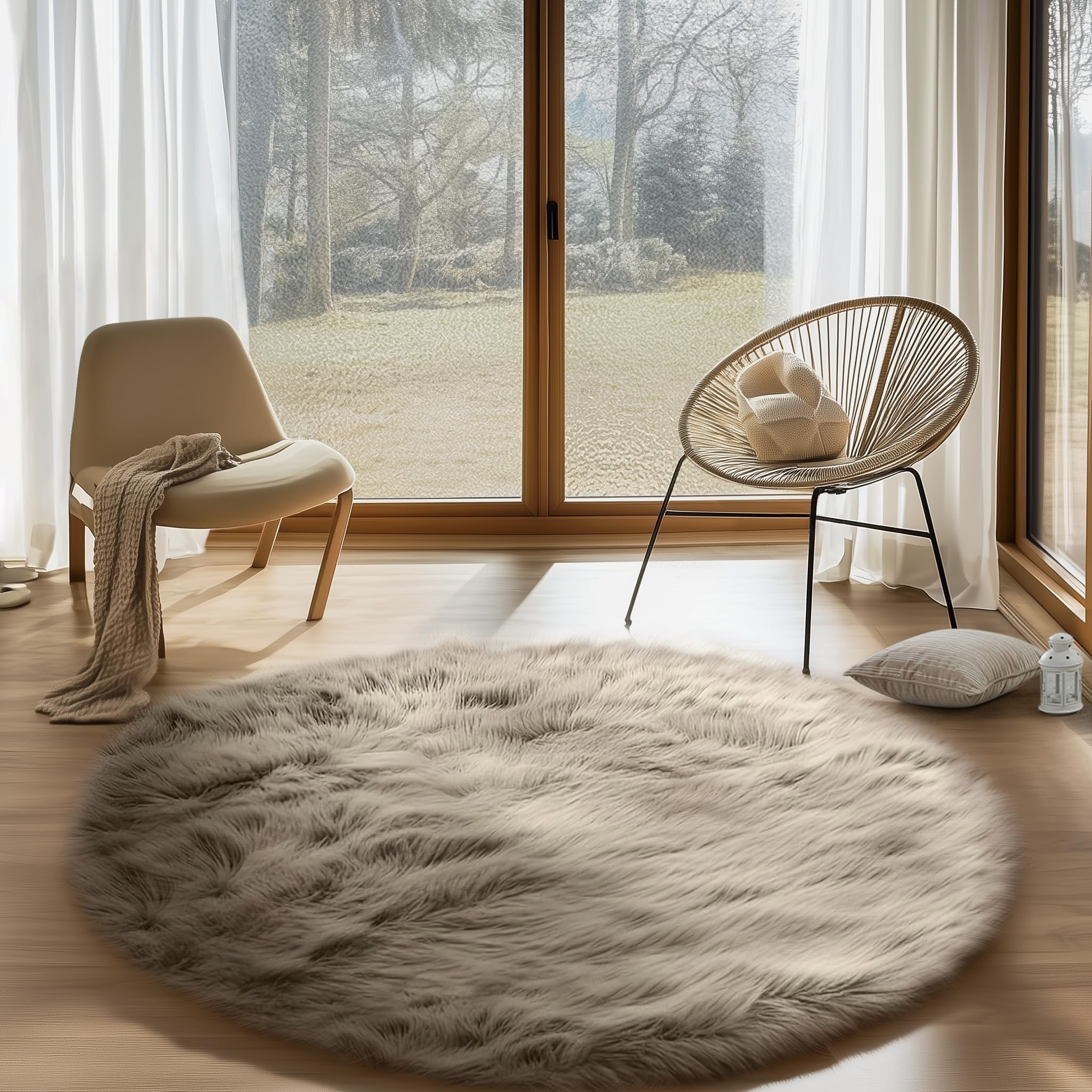 Goolela 6ft Round Faux Fur Area Rug - Light Brown Beige Fluffy Shaggy Rug, Machine Washable Soft Floor Rug for Living Room & Bedroom | Cozy Home Decor, Perfect for Lounge Spaces and Kids Play Areas