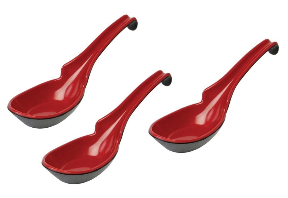 Premium Japanese Soup Spoons Set of 3 - Traditional Asian Rice & Noodle Soup Spoons for Pho, Ramen, Wonton - Black & Red Notch & Hook Design - Perfect for Home Dining, Restaurants & Gift Giving