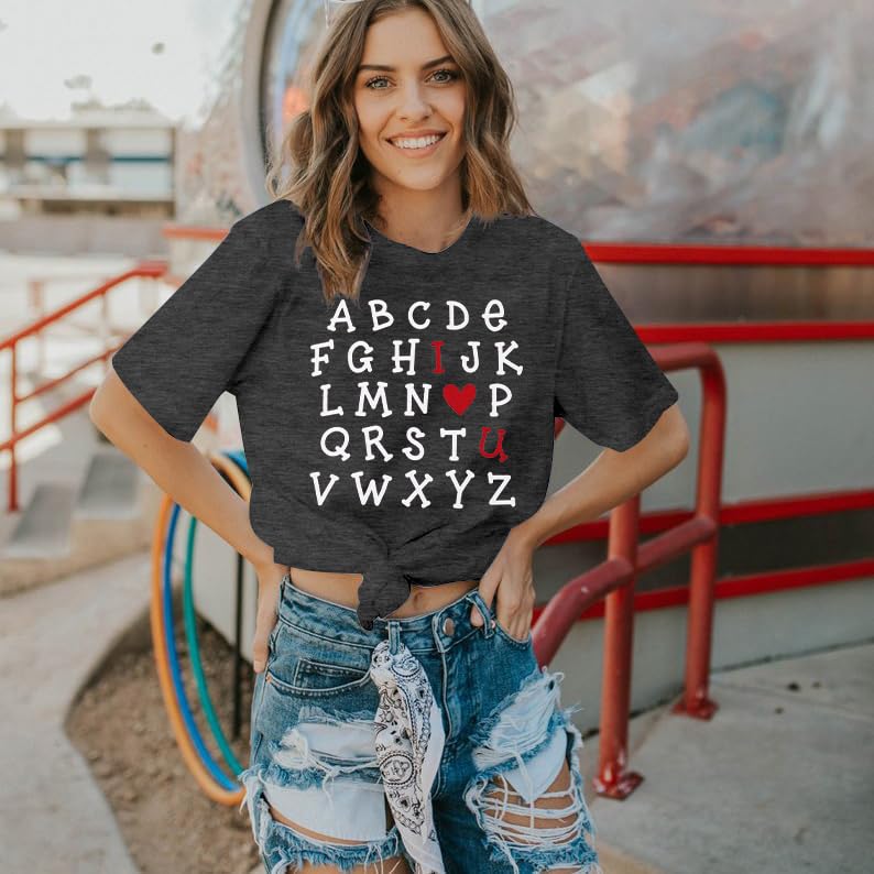 Valentine's Day Shirts for Teachers - Alphabet ABC I Love You Tops, Cute Valentine Gifts for Girlfriend, Short Sleeve Tees - Perfect for Classroom, Date Night & Romantic Occasions