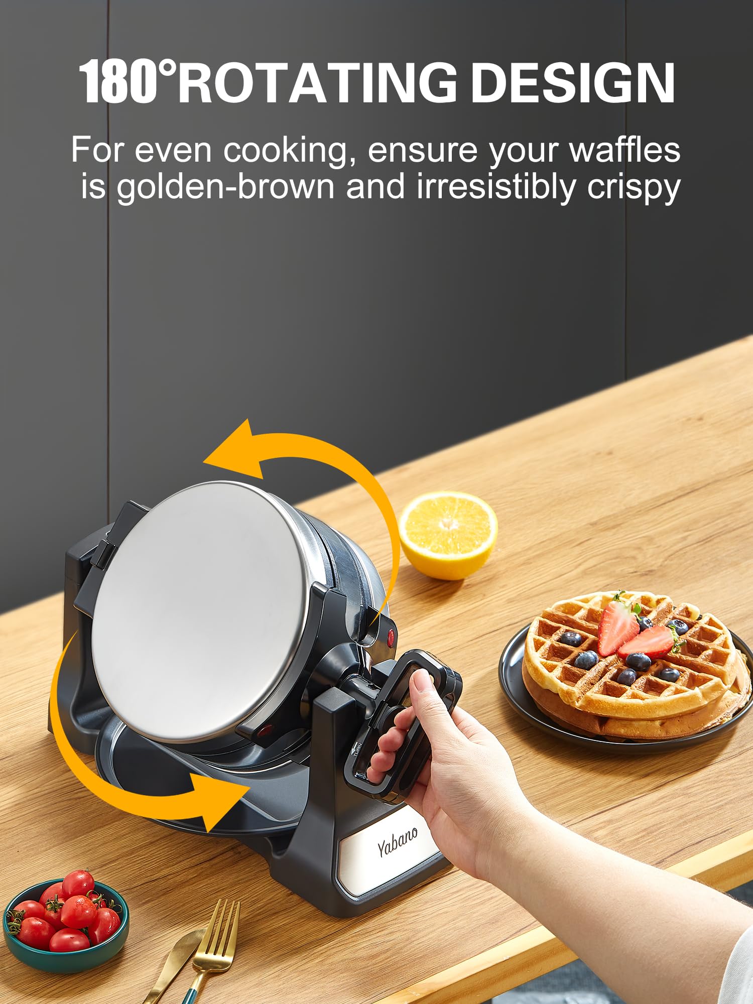 Yabano Belgian Waffle Maker - Professional Rotating Waffle Iron with Nonstick Plates, Removable Drip Tray & Cool-Touch Handles - Perfect for Breakfast, Brunch & Family Gatherings - Stainless Steel Double Flip Waffle Machine for Homemade Belgian Waffles